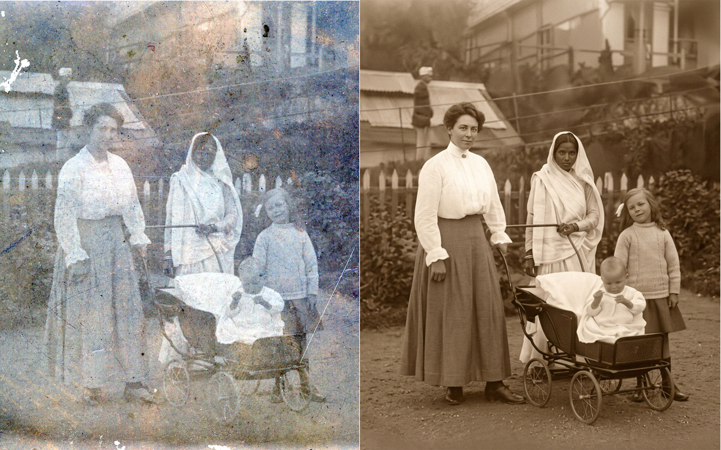 Four people, two women, a girl, and a baby in a stroller, outdoors near a fence and buildings.