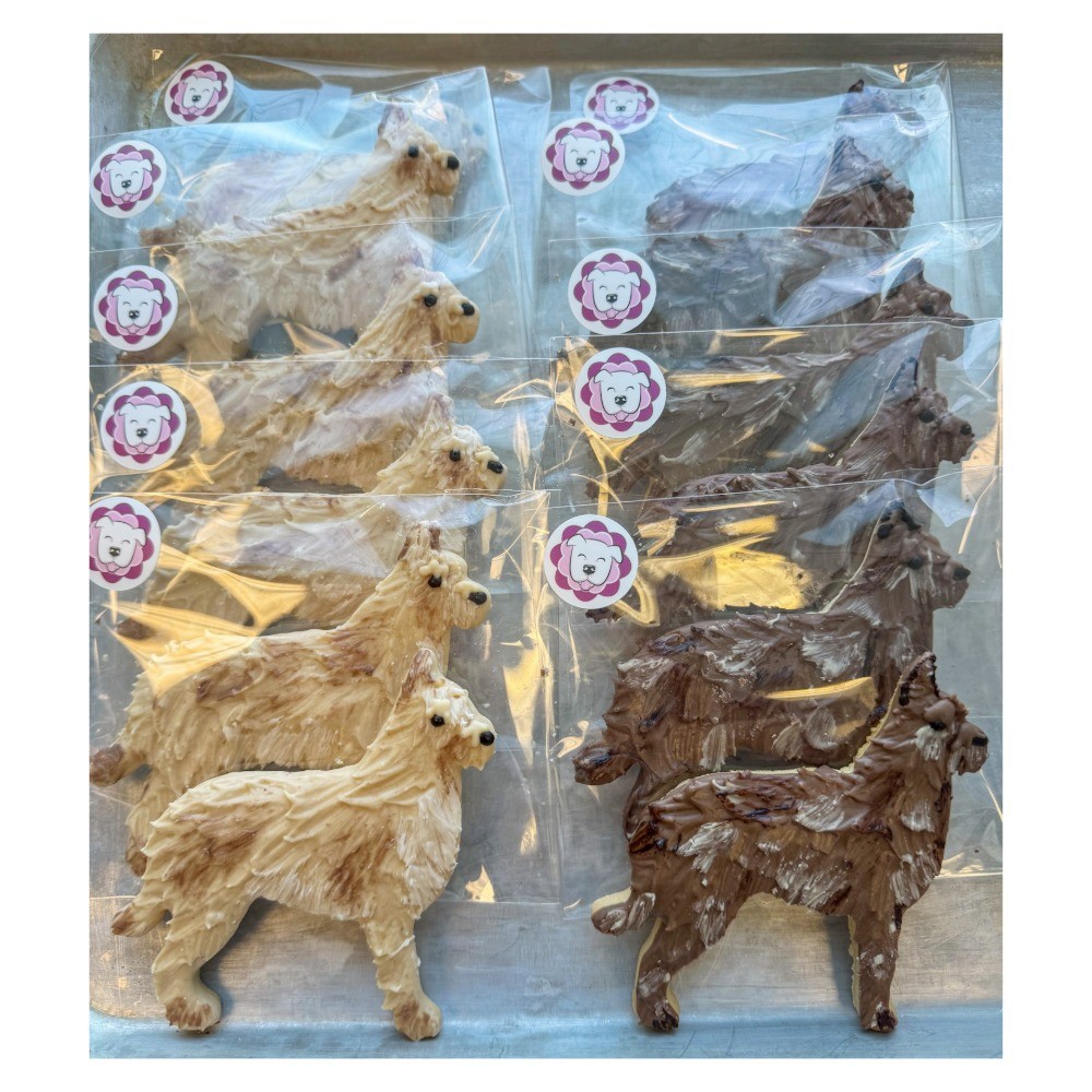 Six bear-shaped cookies, three light-colored and three dark-colored, in plastic packaging with bear stickers, arranged in two columns.