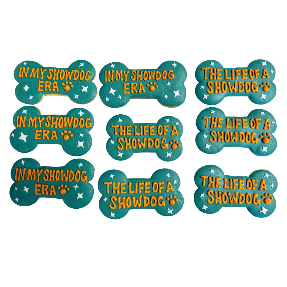 Eight dog treat labels with phrases like 