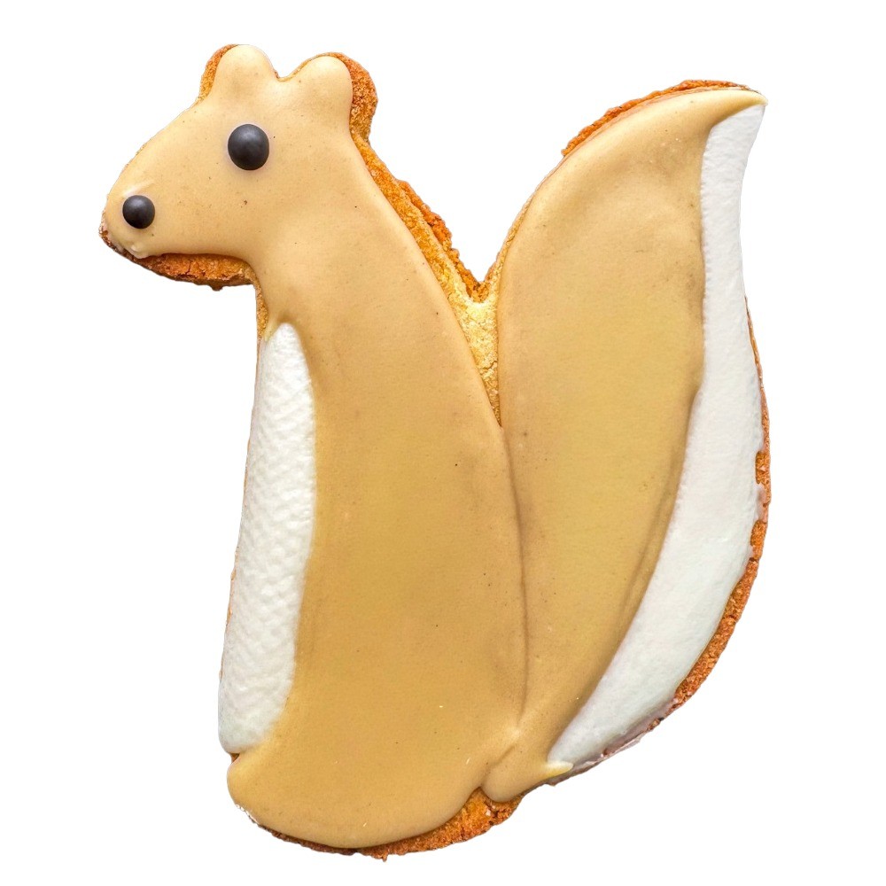Cookie shaped like a squirrel with a beige body, white belly, and black eyes, standing upright.
