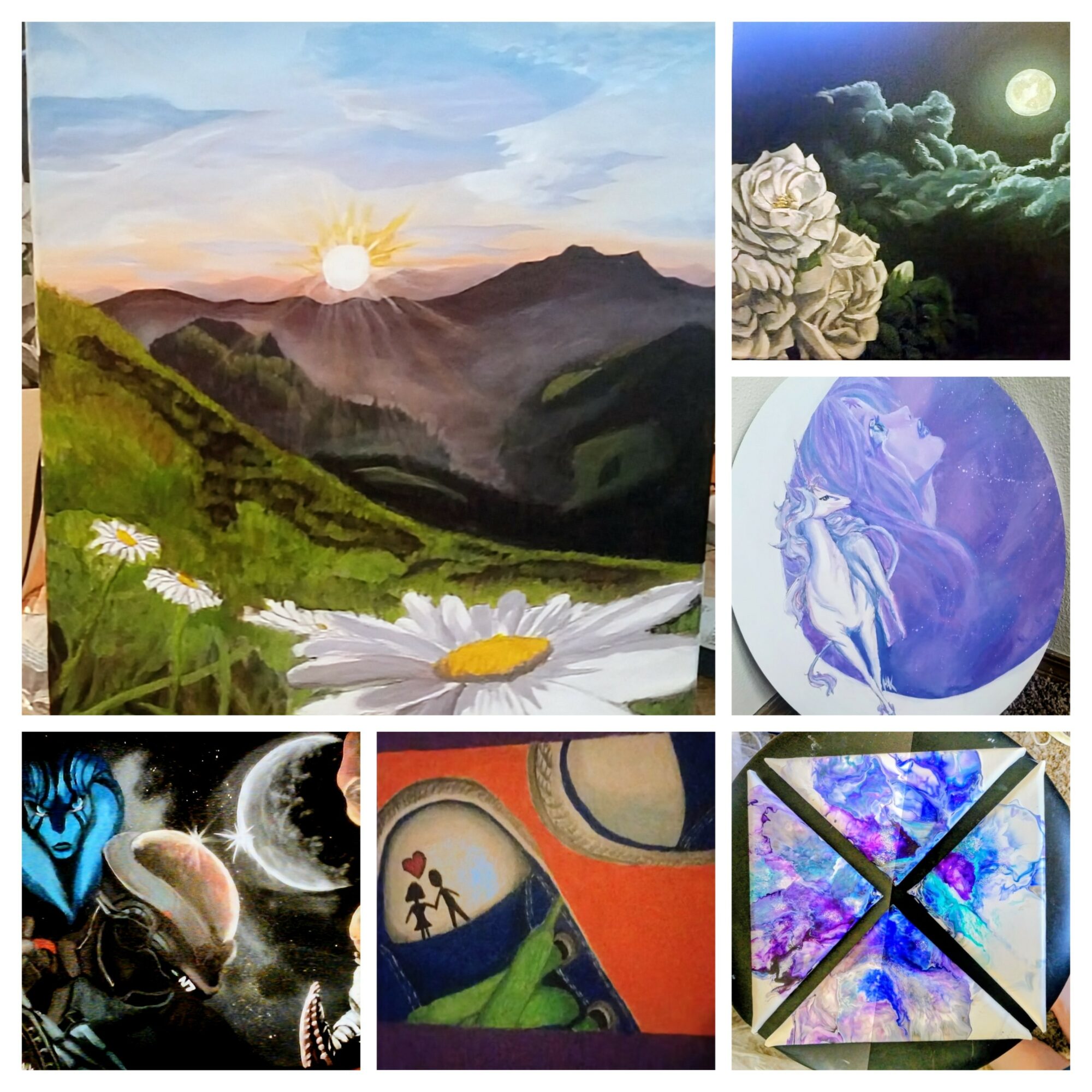 Collage of various artworks including a mountain landscape, moonlit flowers, a girl with a dog, and abstract paintings.