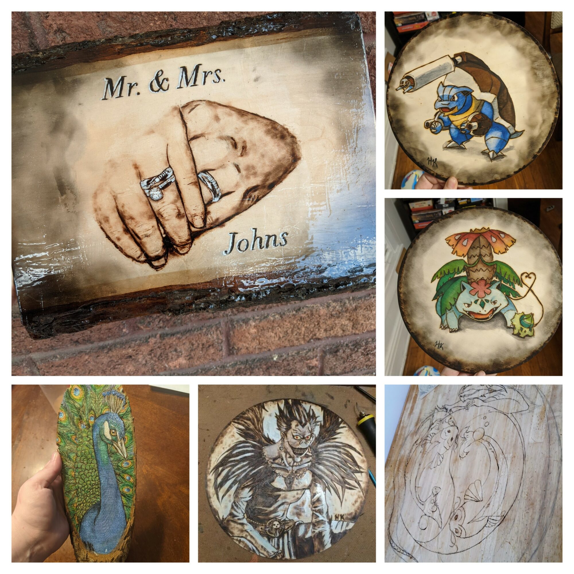 Collection of hand-drawn art including a wedding ring hand, cartoon characters, a mermaid, a tiger, and a sketch, all on various surfaces.