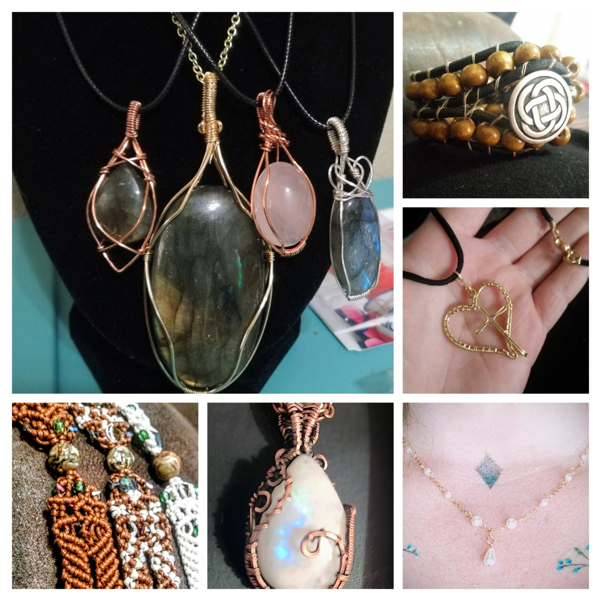 Collection of jewelry including necklaces, bracelets, and rings with various stones and designs, displayed on a black background.