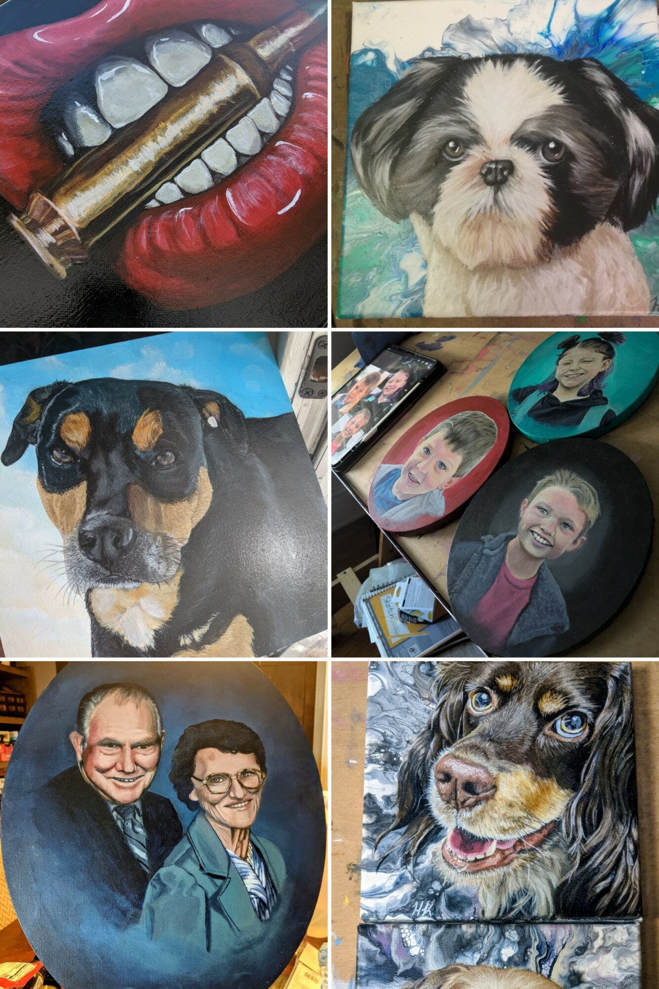 Collage of six images: lips with a cigar, puppy, dog, portraits, and a dog with a person.