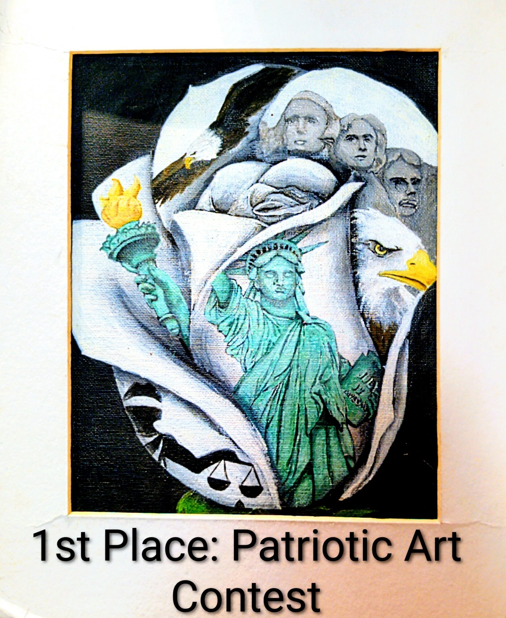Painting featuring the Statue of Liberty, eagle, and Mount Rushmore with a white background, framed in black.
