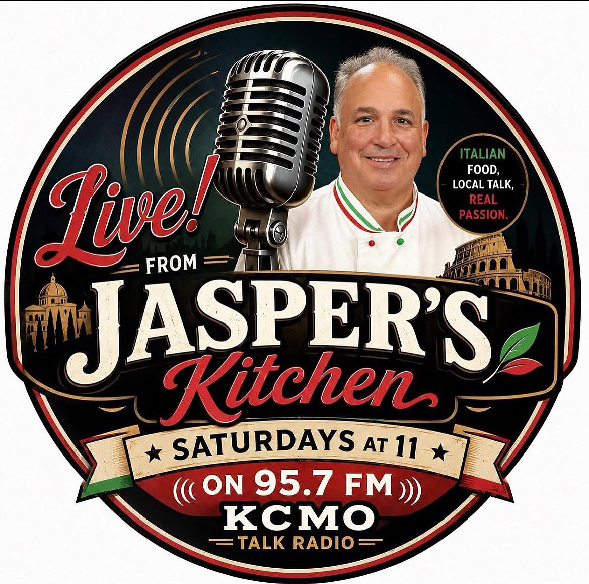 Logo for Jasper's Kitchen radio show featuring a chef, microphone, and text about live Saturday broadcasts on KCMO.