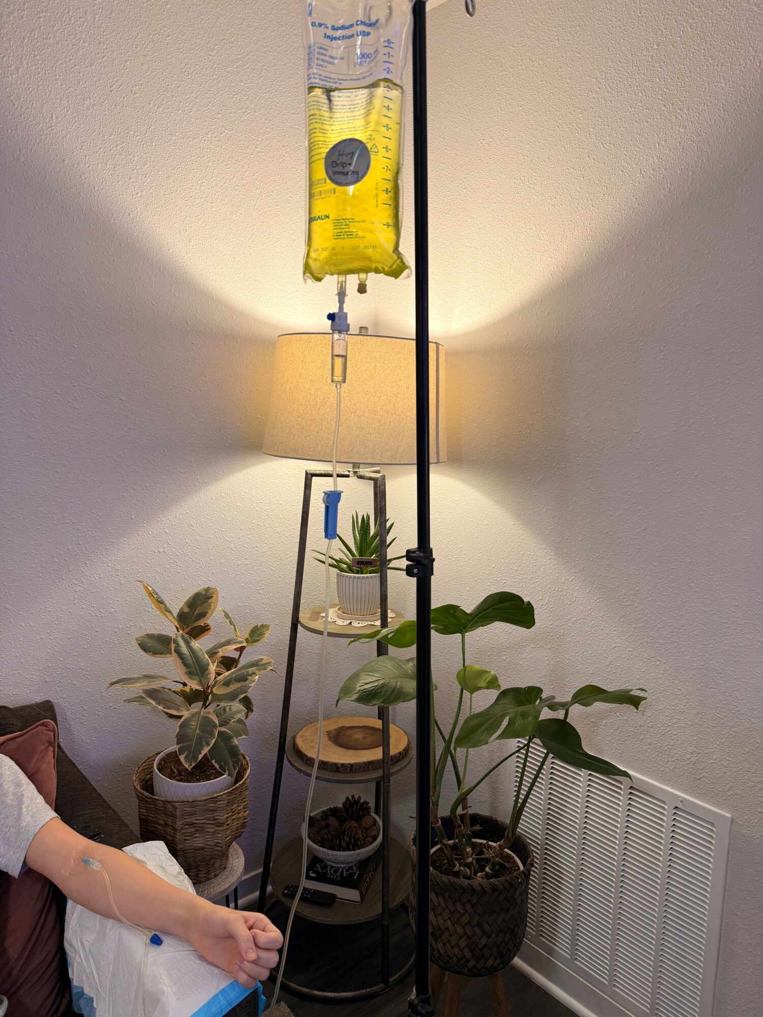 Indoor scene with a yellow water bottle hanging from a hook, a potted plant, and a person holding a blue object.