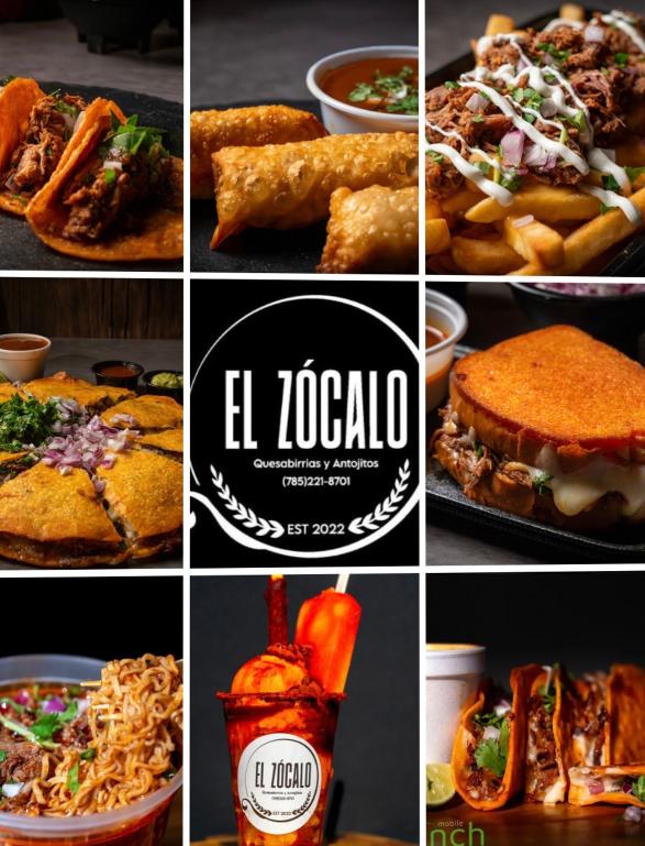 Collage of various dishes including tacos, fried appetizers, pasta, and desserts with a central logo reading 'El Zócalo' and 'Est. 2022'.