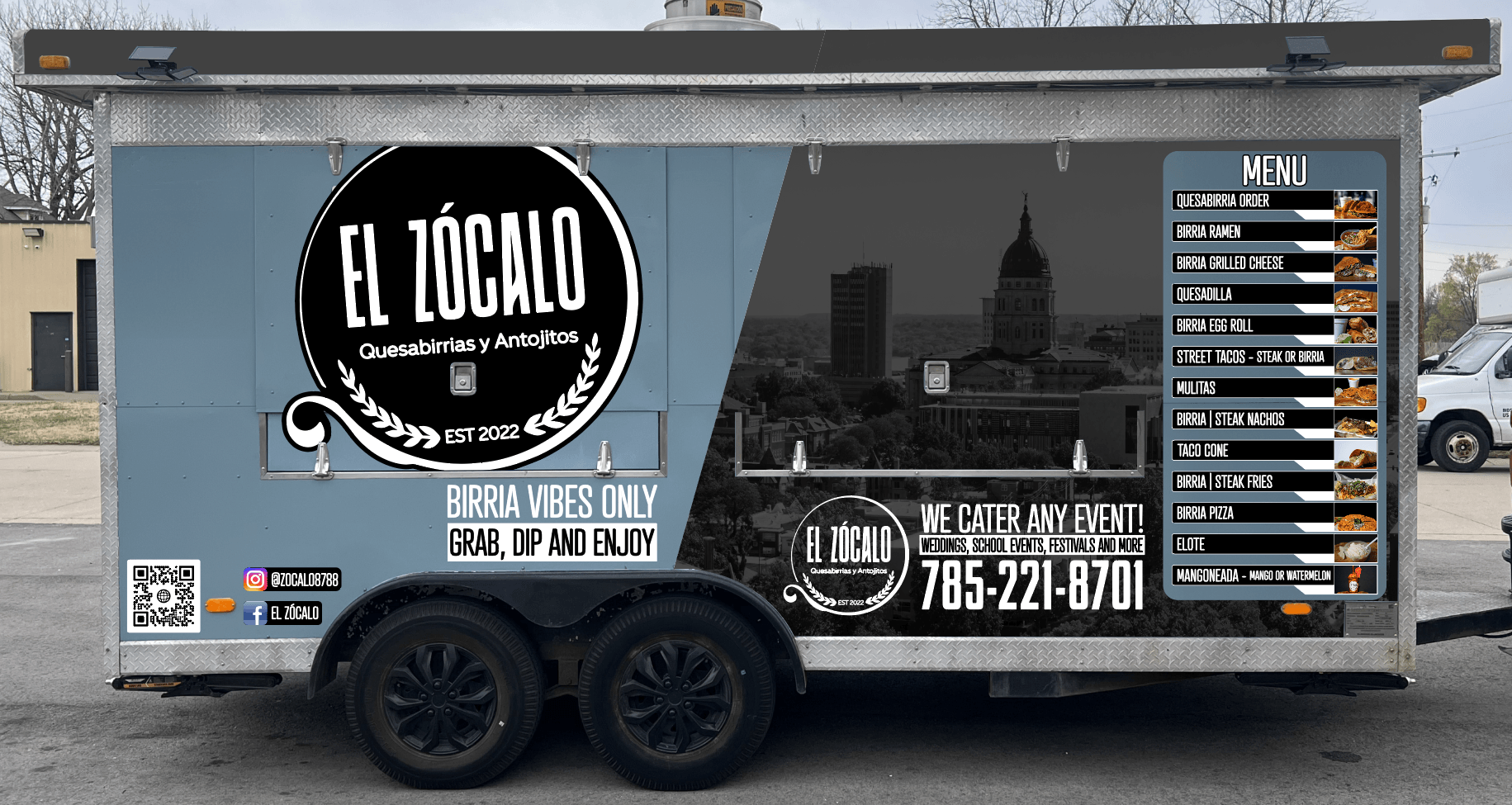 Food truck with menu, logo, and contact info, parked outdoors, with a cityscape background, and a QR code on the side.