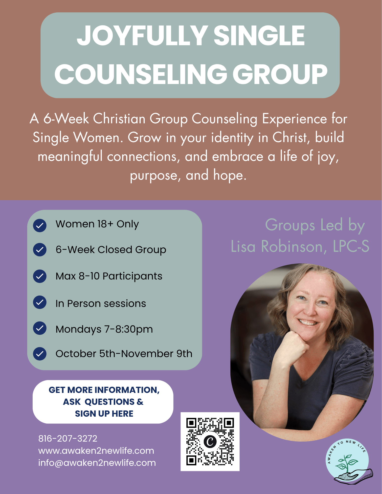 Flyer for a Christian singles counseling group with a woman smiling, purple and blue background, and event details.