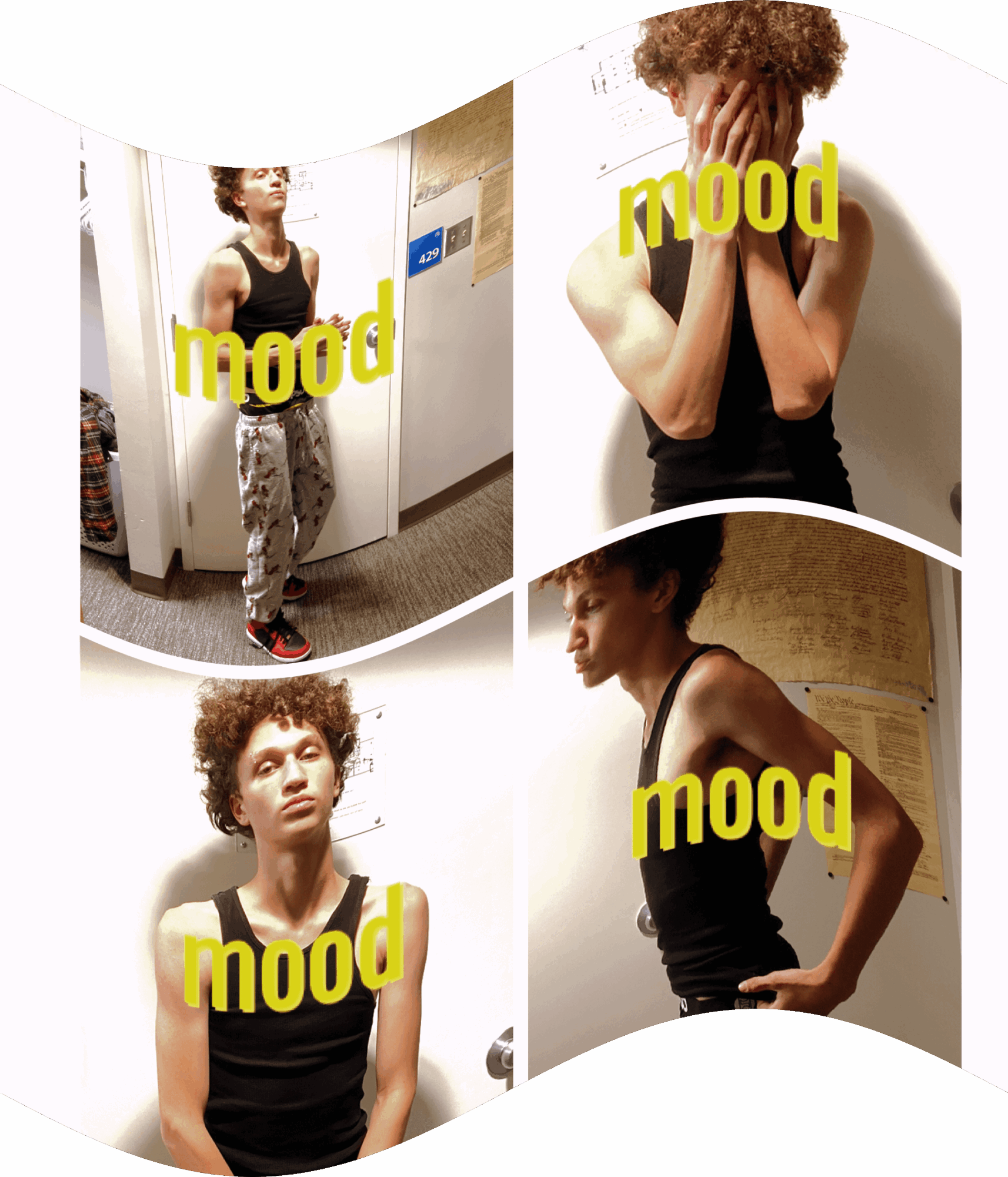 Four images of a person with curly hair in different poses, with yellow 'mood' text over each, against various backgrounds.