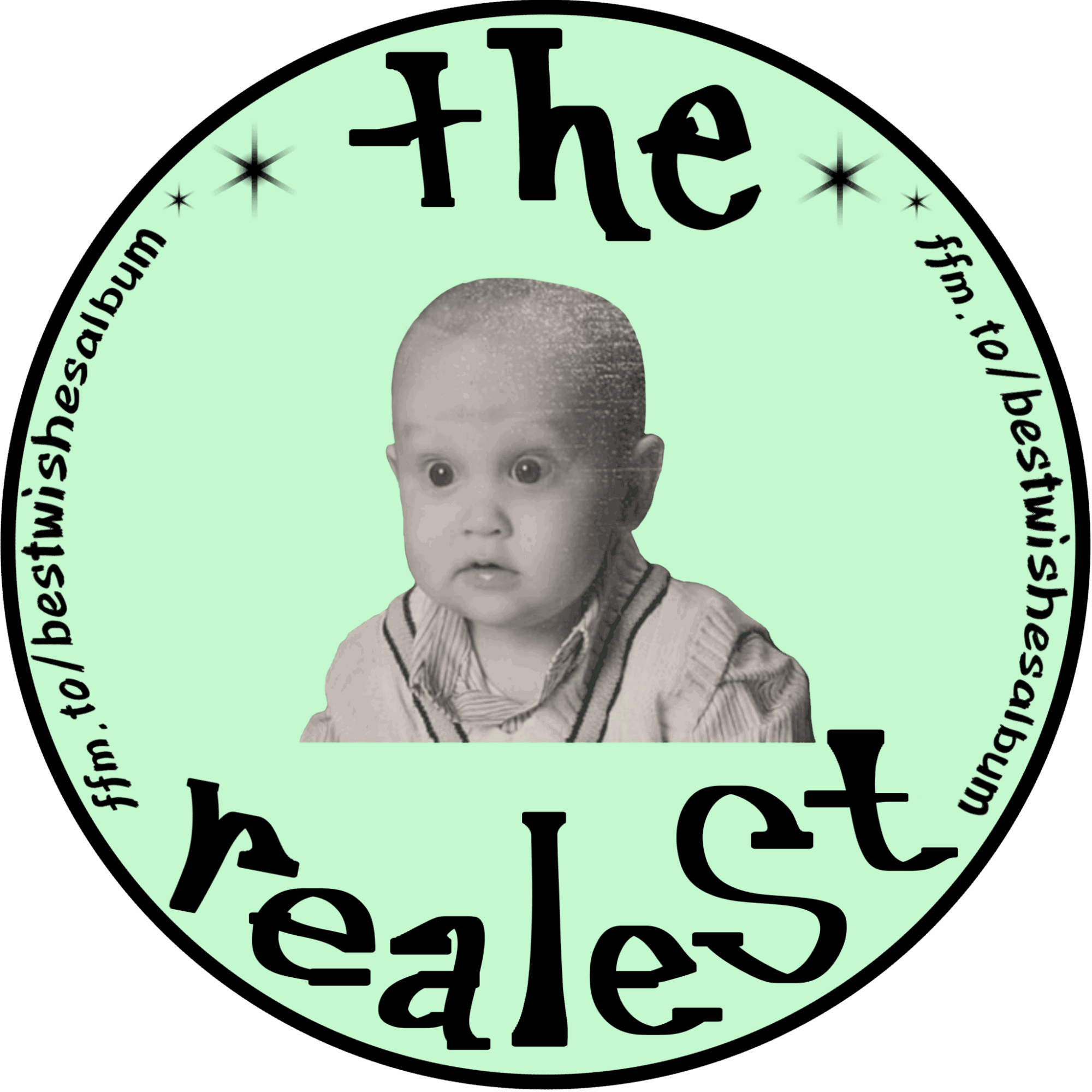 Child with surprised expression inside a circular logo with text and stars, mint green background.