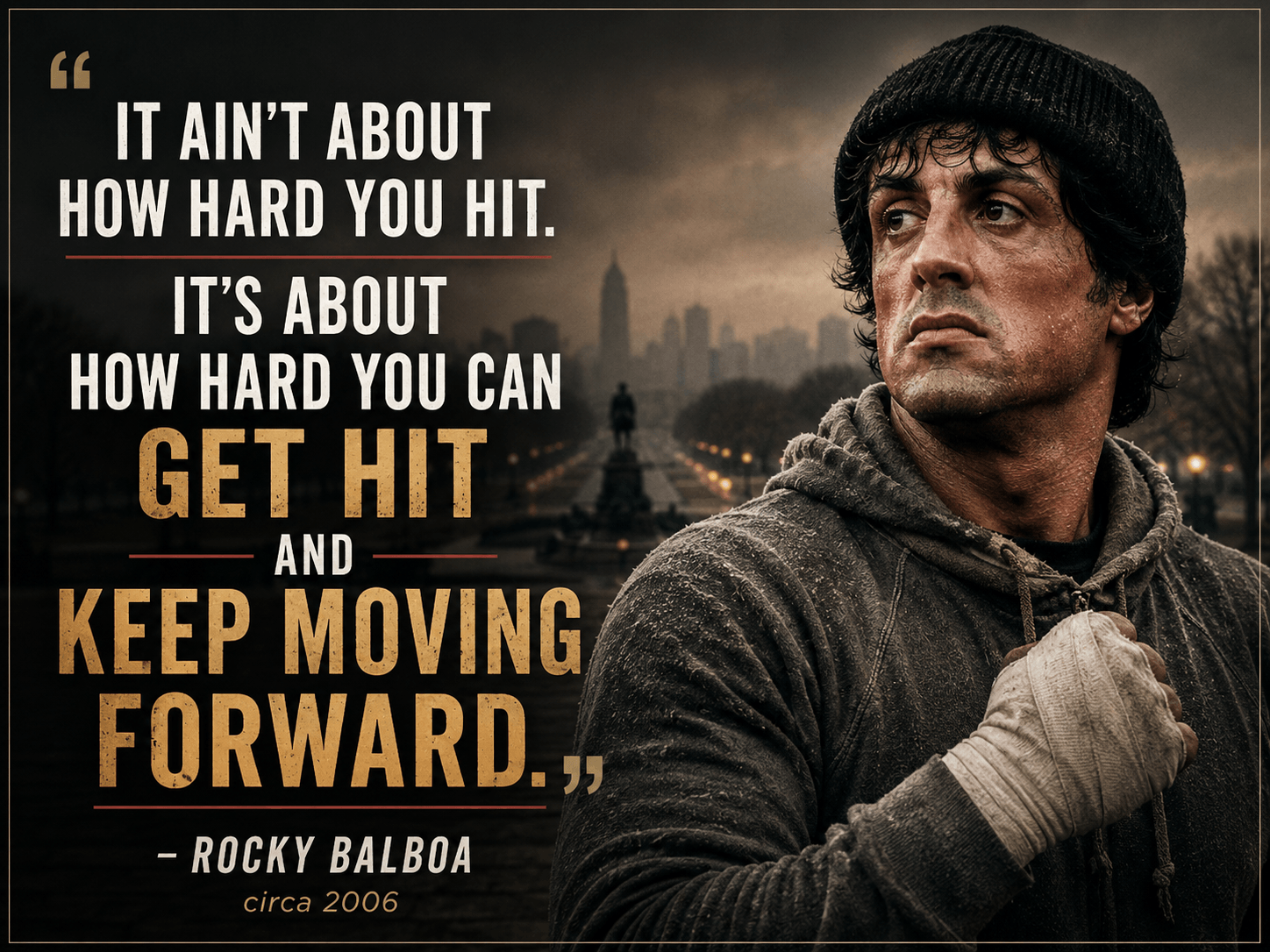 Man wearing a beanie and hoodie, looking to the side, with cityscape background and motivational quote overlay.