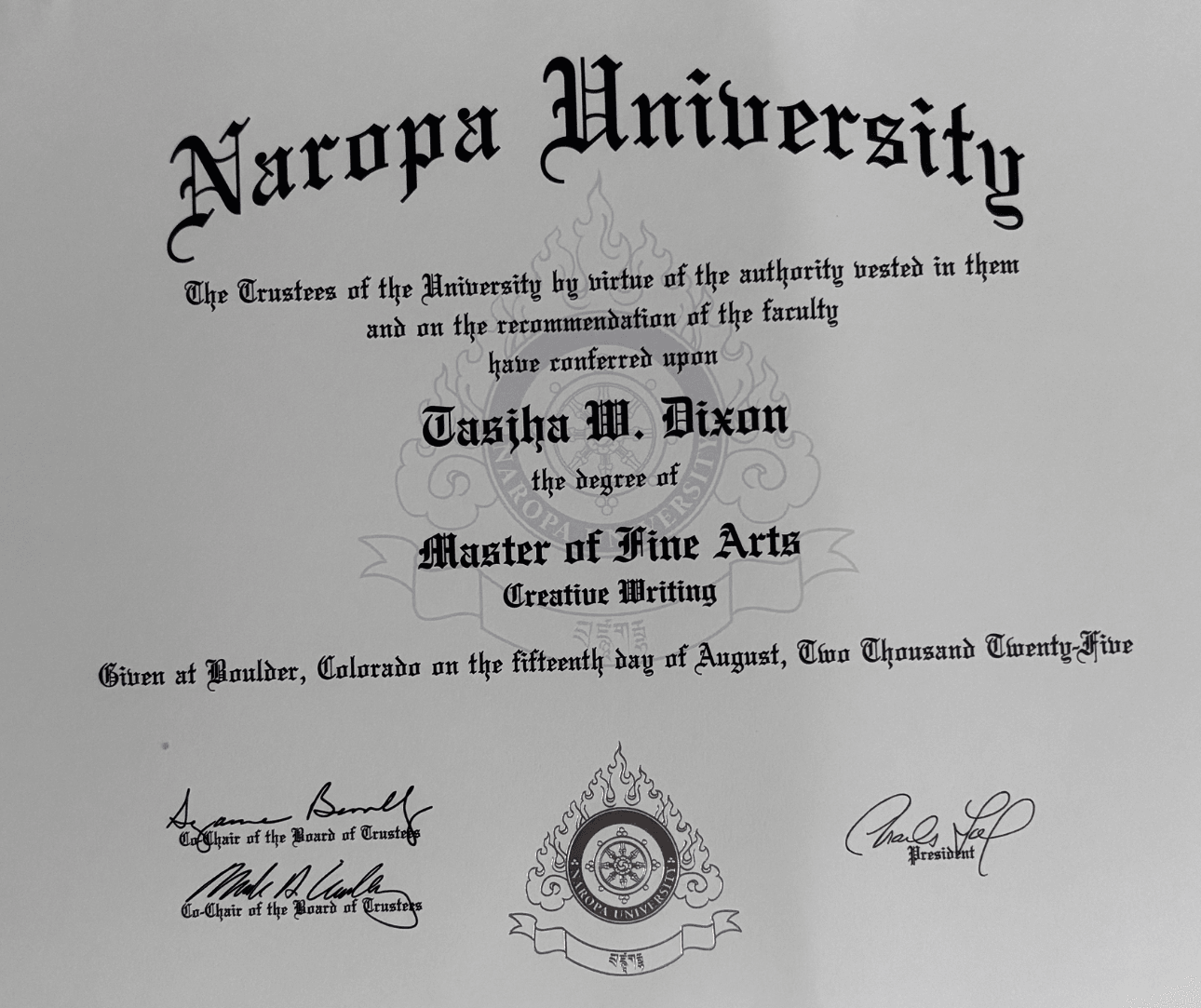 Graduation certificate from Naropa University awarded to Tashia M. Dixon for a Master of Fine Arts, dated August 15, 2005.