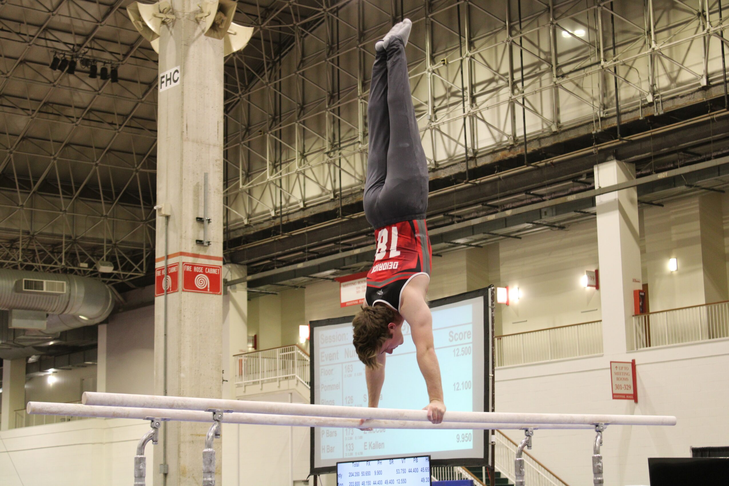 Person performing a handstand on a balance beam in an indoor sports facility.