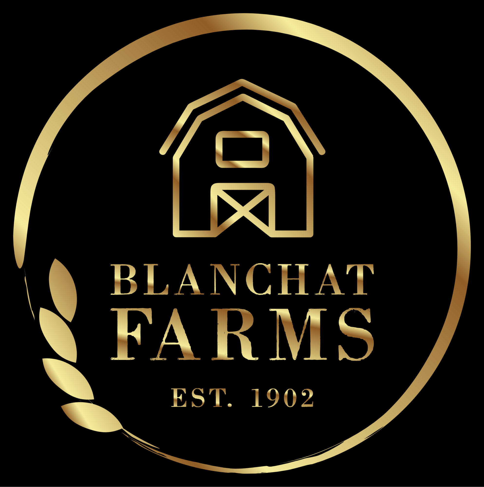 Gold logo with barn and farm elements, text reads 'Blanchat Farms Est. 1902', on black background.