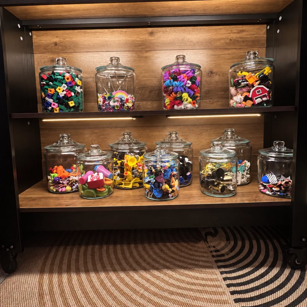 Wooden shelf with glass jars filled with colorful small toys or candies, two shelves, on a patterned carpet.