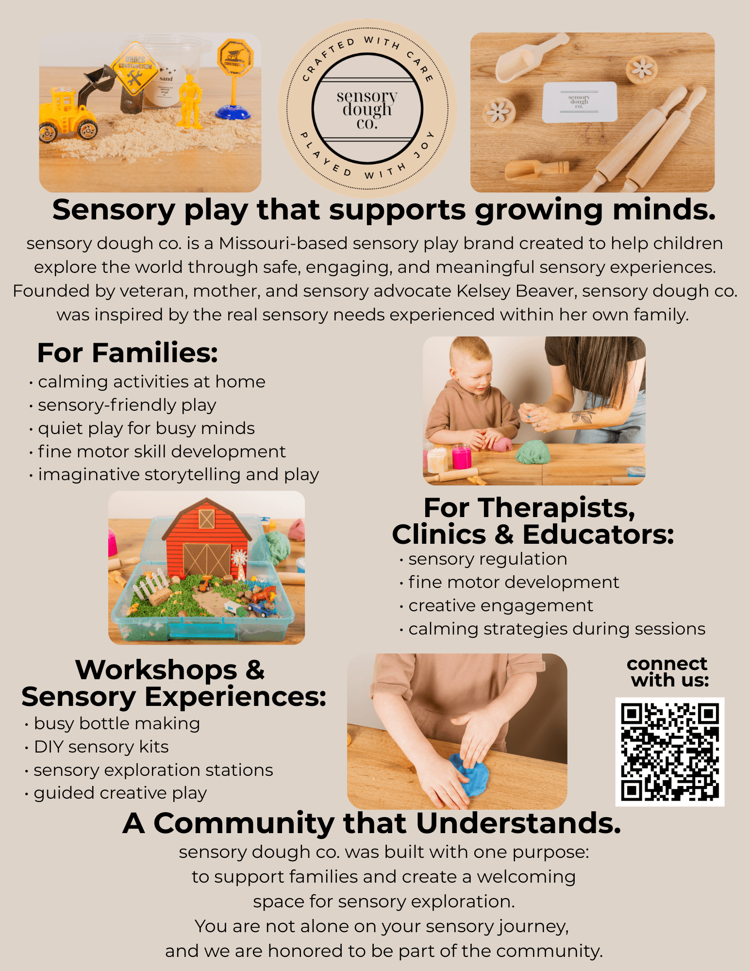 Display promoting sensory play tools, therapy clinics, and workshops for children with developmental needs, with text descriptions and a QR code.