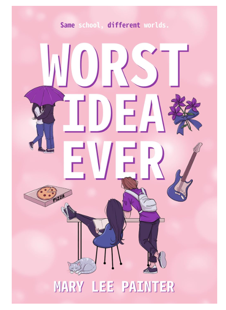 Book cover with pink background, title 'Worst Idea Ever', illustrations of two children, umbrella, guitar, cookies, and flowers.