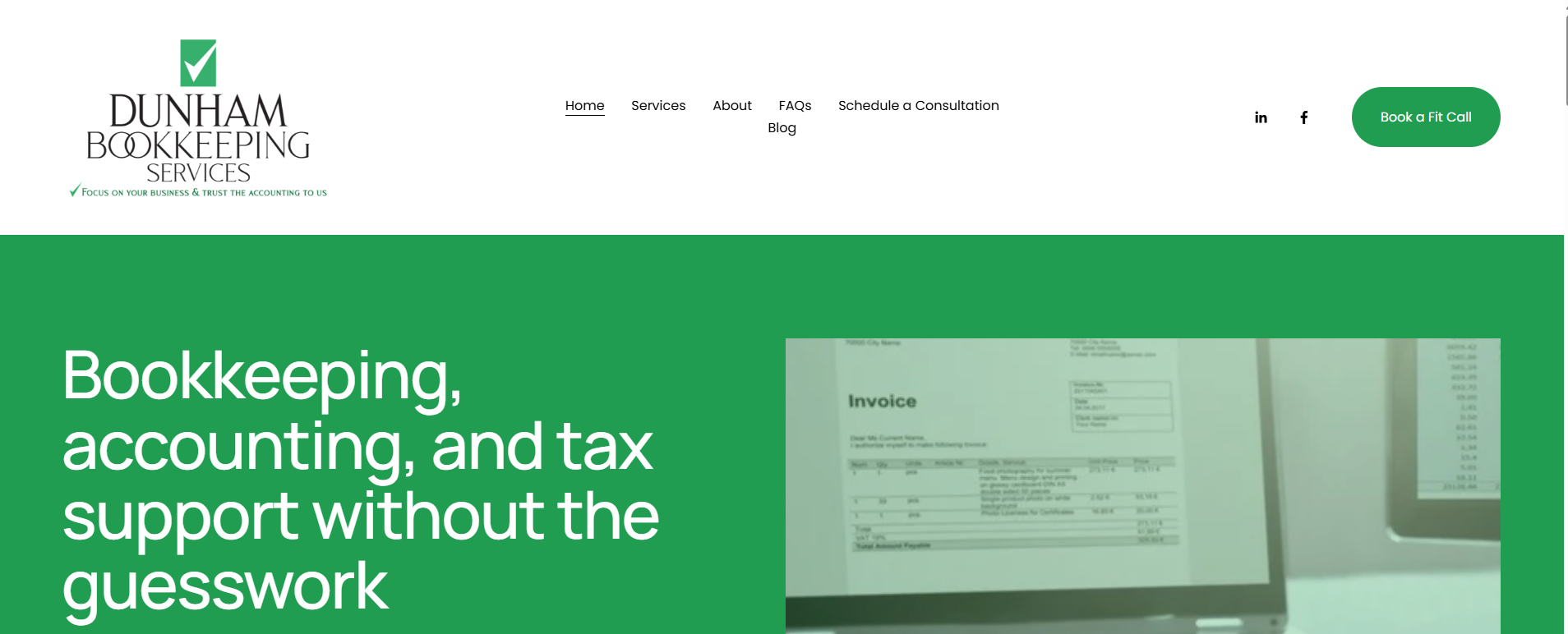 Dunham Bookkeeping Services website homepage with green header and text about bookkeeping, accounting, and tax support.