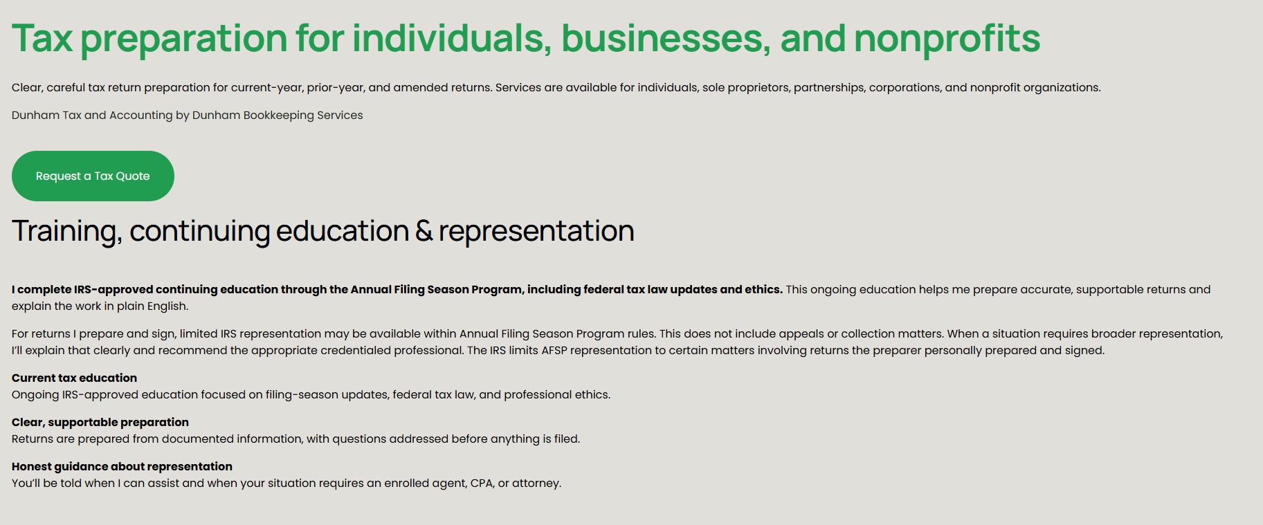 Text about tax preparation, education, and training for individuals, businesses, and nonprofits, with a green header and white background.