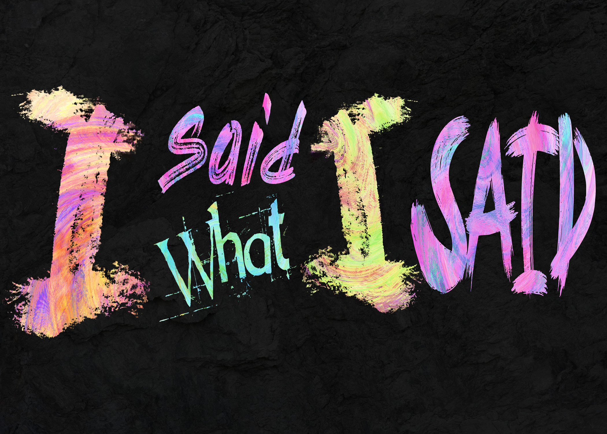Colorful text on black background reads