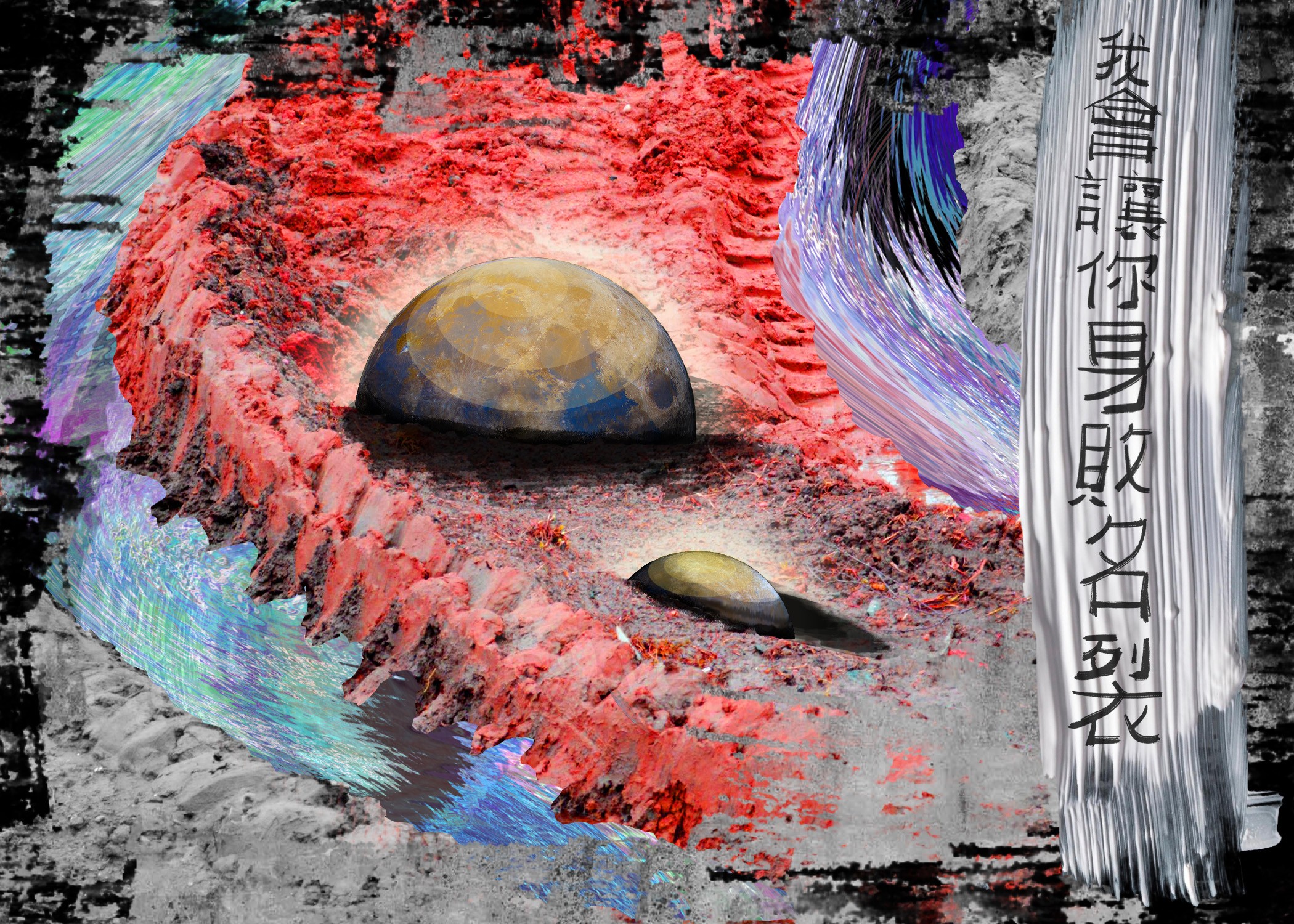 Abstract painting with a large red circular shape, smaller black and yellow shapes, and Chinese characters on the right.