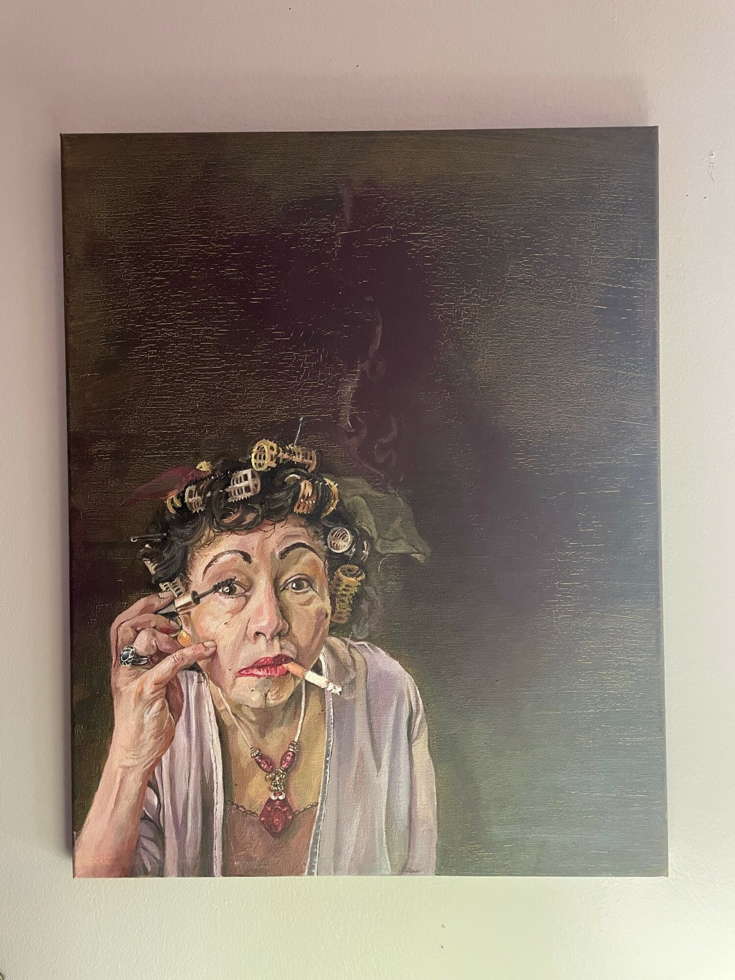 Painting of an elderly woman with curlers in her hair, holding a cigarette, wearing a necklace and a light-colored top.