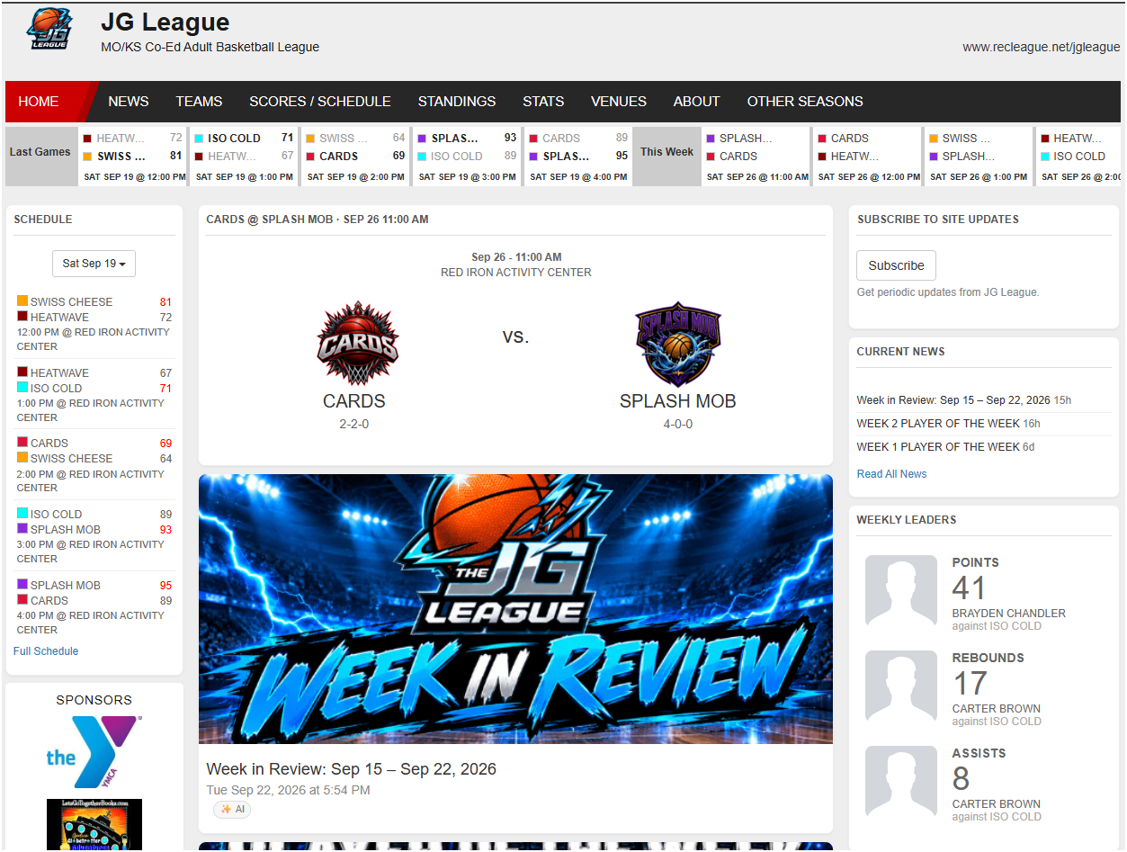 Webpage showing basketball league schedule, team logos, and a weekly review banner, with navigation menus and statistics on the right.