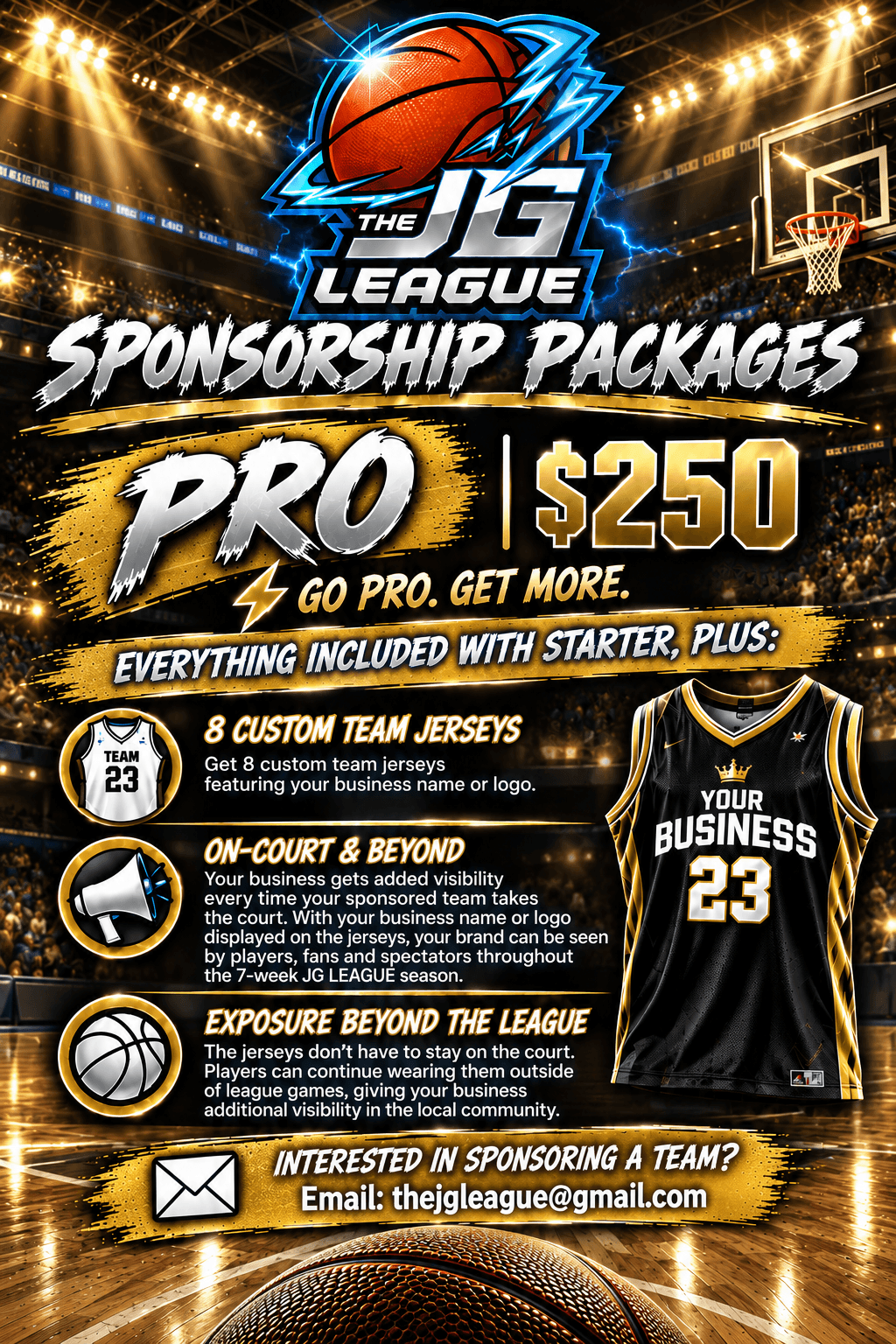 Basketball league sponsorship packages with prices, jerseys, and a black jersey with number 23, set in a gymnasium.