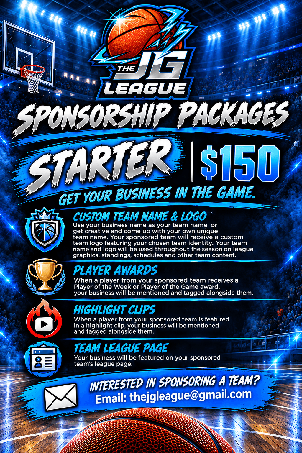 League sponsorship packages flyer with basketball logo, blue background, and text about starter, player awards, and team league.