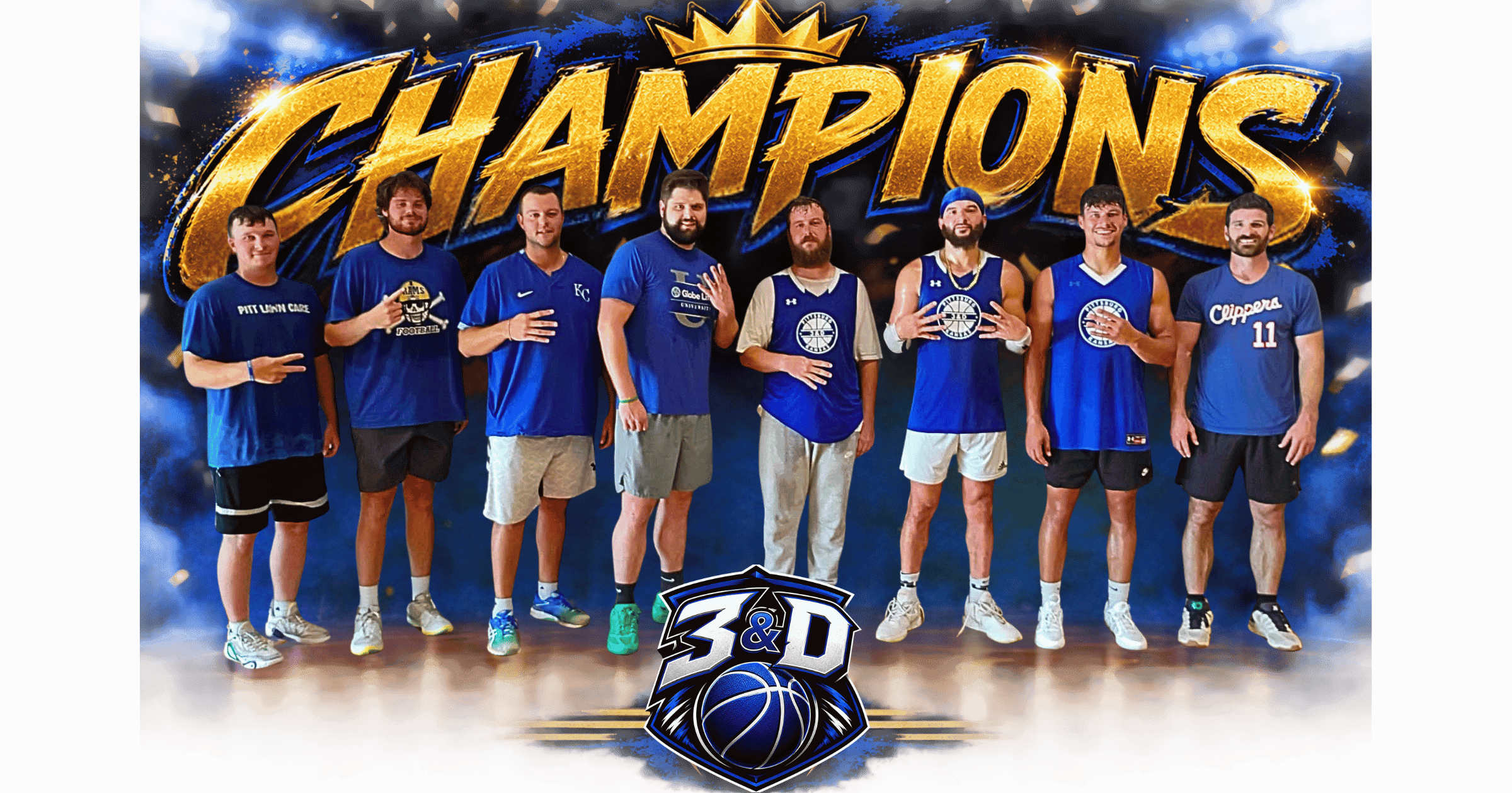Group of people in blue sportswear standing in front of a 'Champions' banner, celebrating victory, with a logo at the bottom.