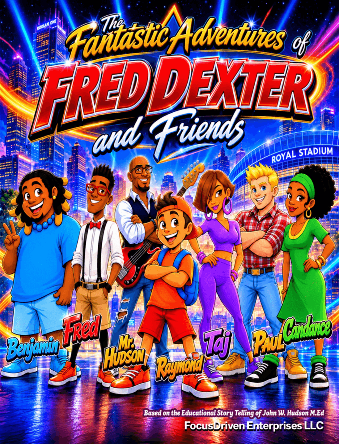 Group of animated children and adults standing in front of a cityscape with bright lights, smiling and posing.
