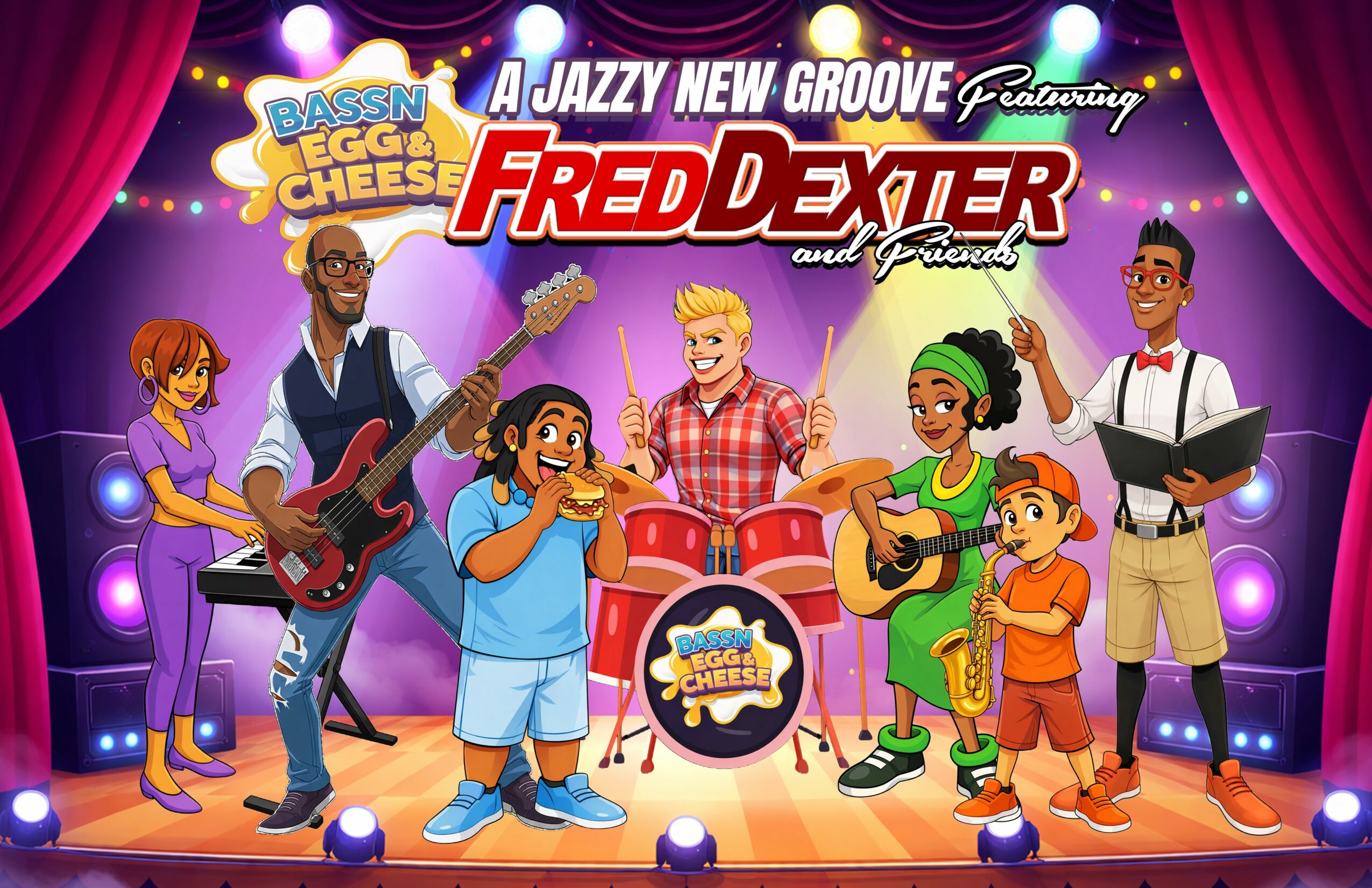 Group of animated children and adults performing on stage with musical instruments, colorful curtains, and stage lights.