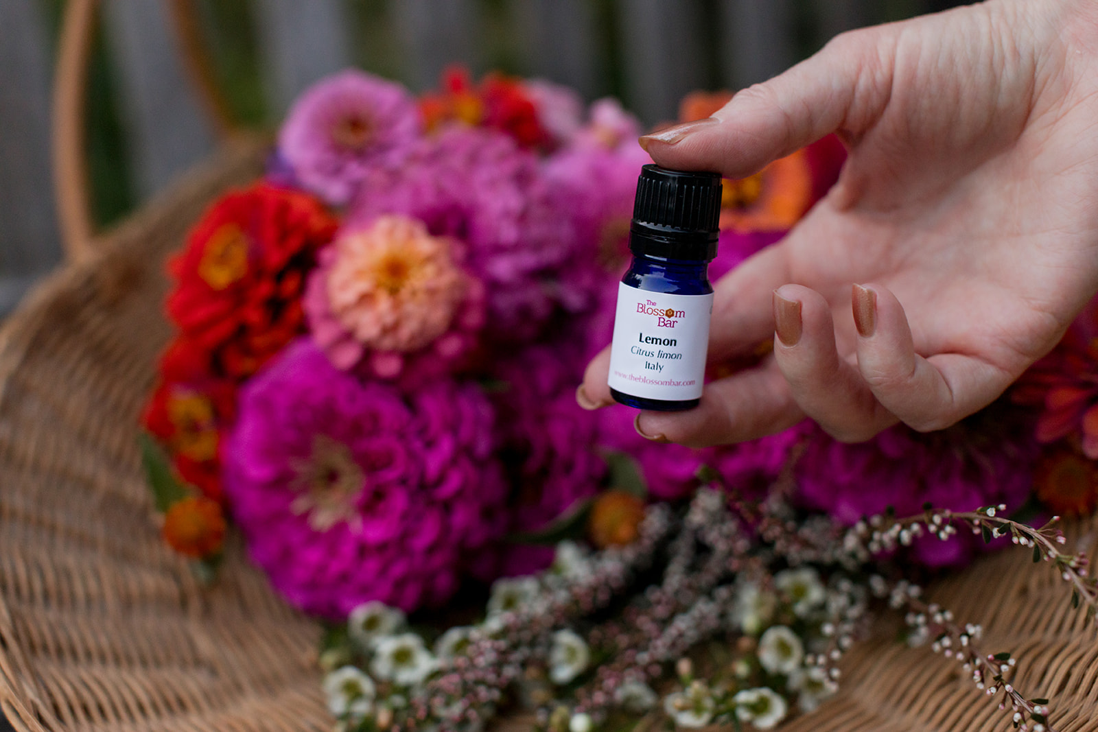 Hand holding a small bottle of essential oil in front of a basket of colorful flowers, including pink, red, and purple blooms.