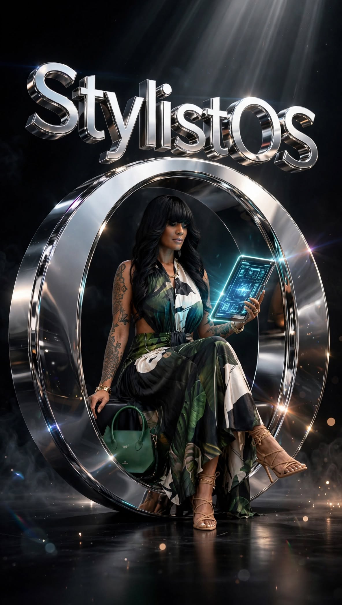 Woman sitting on a metallic ring holding a transparent tablet, with the word 'Stylistos' above, illuminated by light beams.