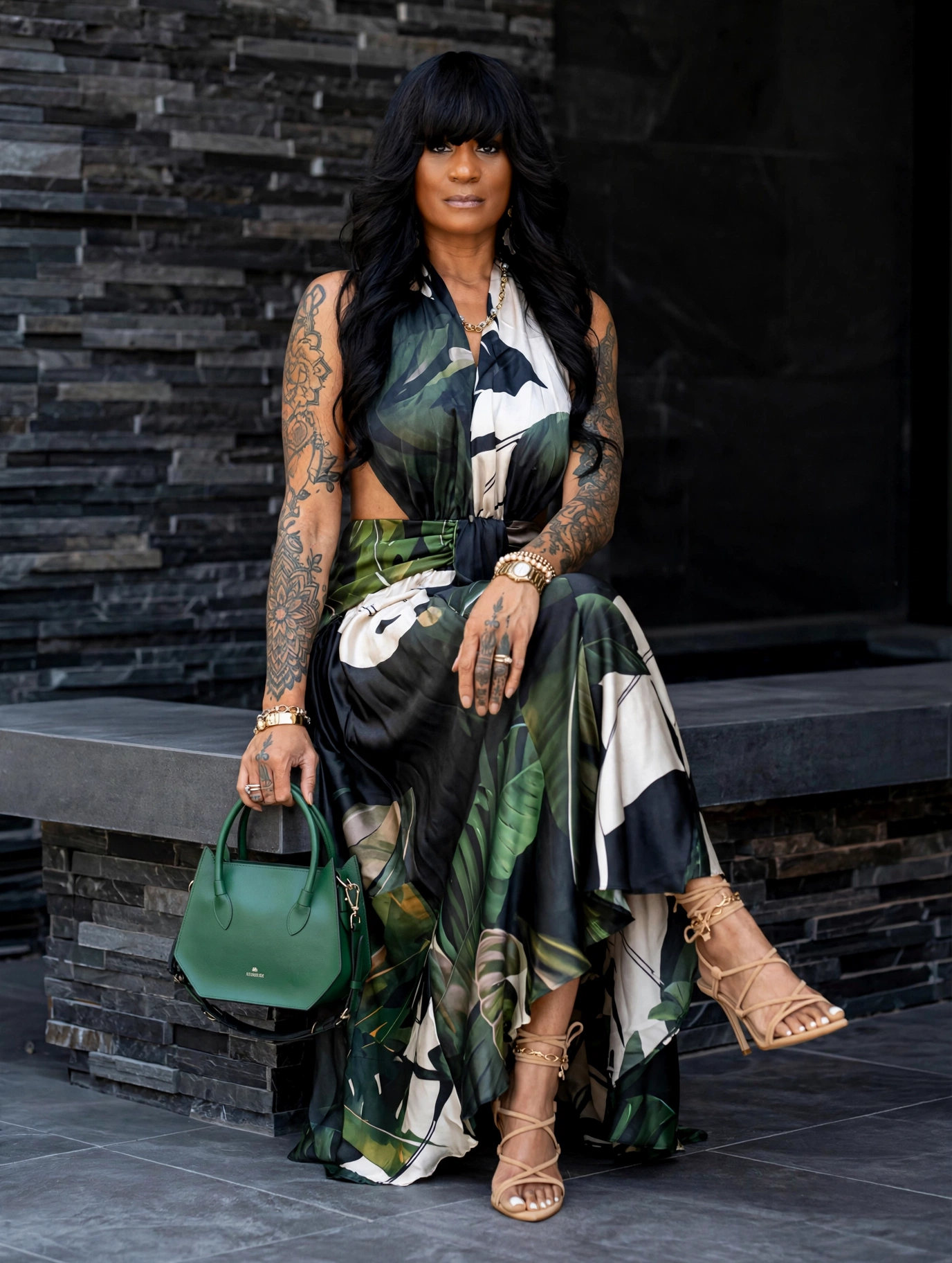 Woman with long dark hair and tattoos, wearing a floral dress, sitting on a bench with a green handbag and beige shoes.