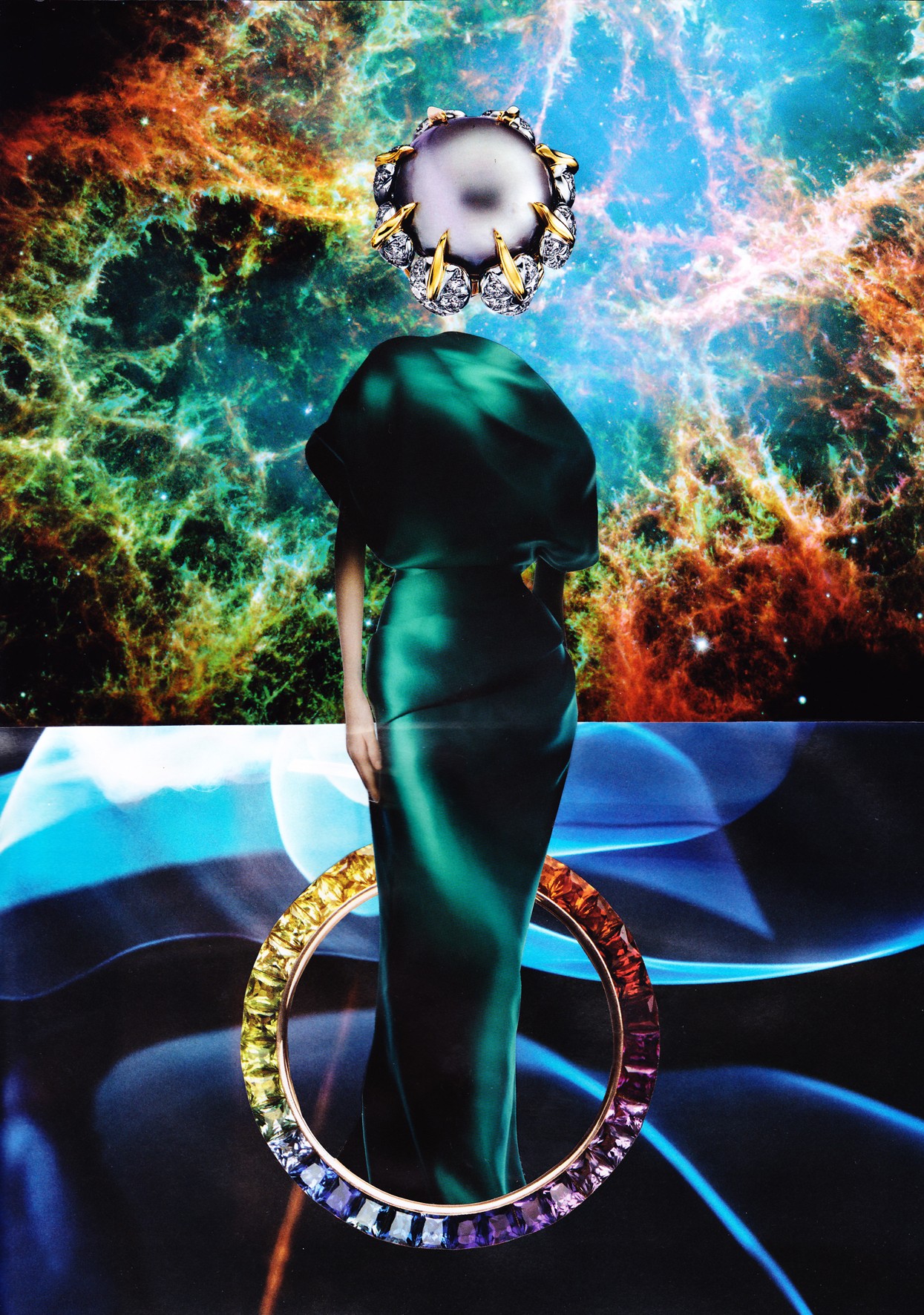 Person with long hair standing in front of a colorful cosmic background, surrounded by circular rings and a mirror-like object above.