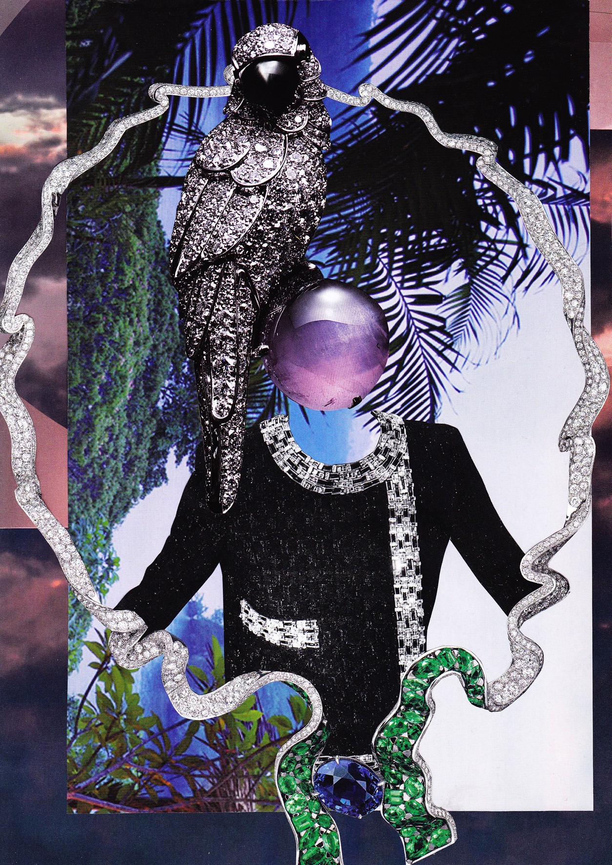 A collage featuring a bird with a bejeweled body, a person with a black outfit, and a mirror frame with snakes, set against a jungle background.