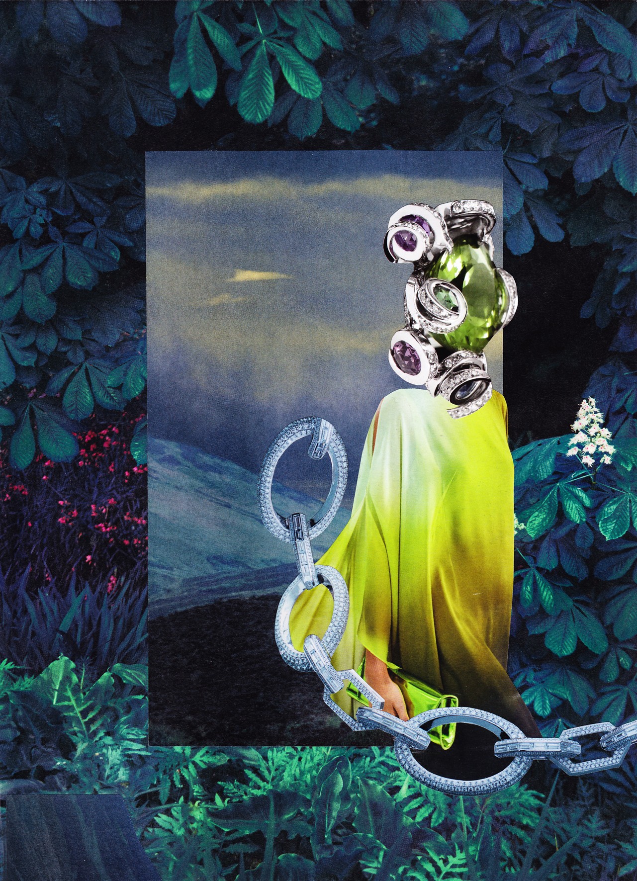 Person with a yellow dress and a chain necklace stands in front of a landscape with water and sky, surrounded by dark foliage.
