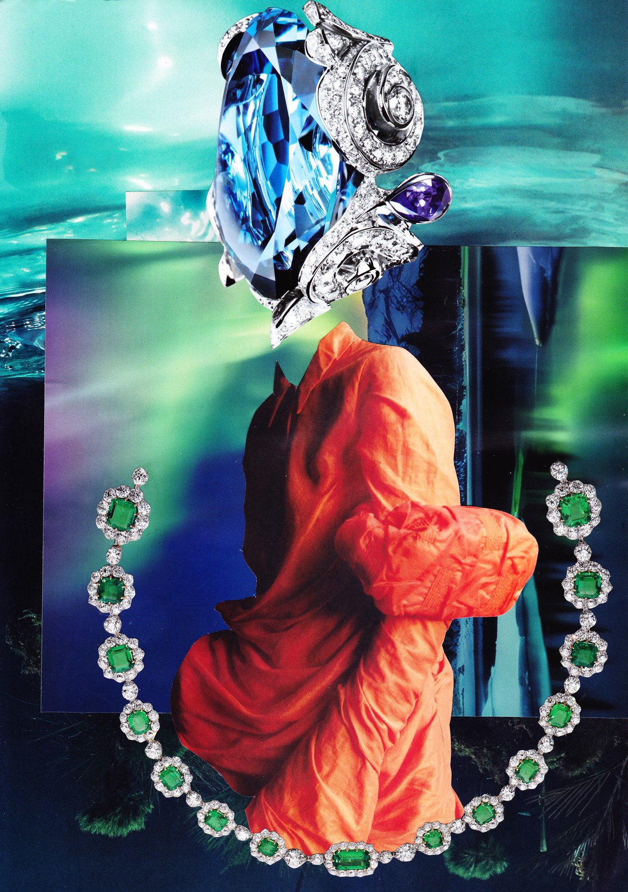 Person in orange coat with jewelry, underwater background, floating jewelry pieces, and a large blue gemstone. Word count: 20.