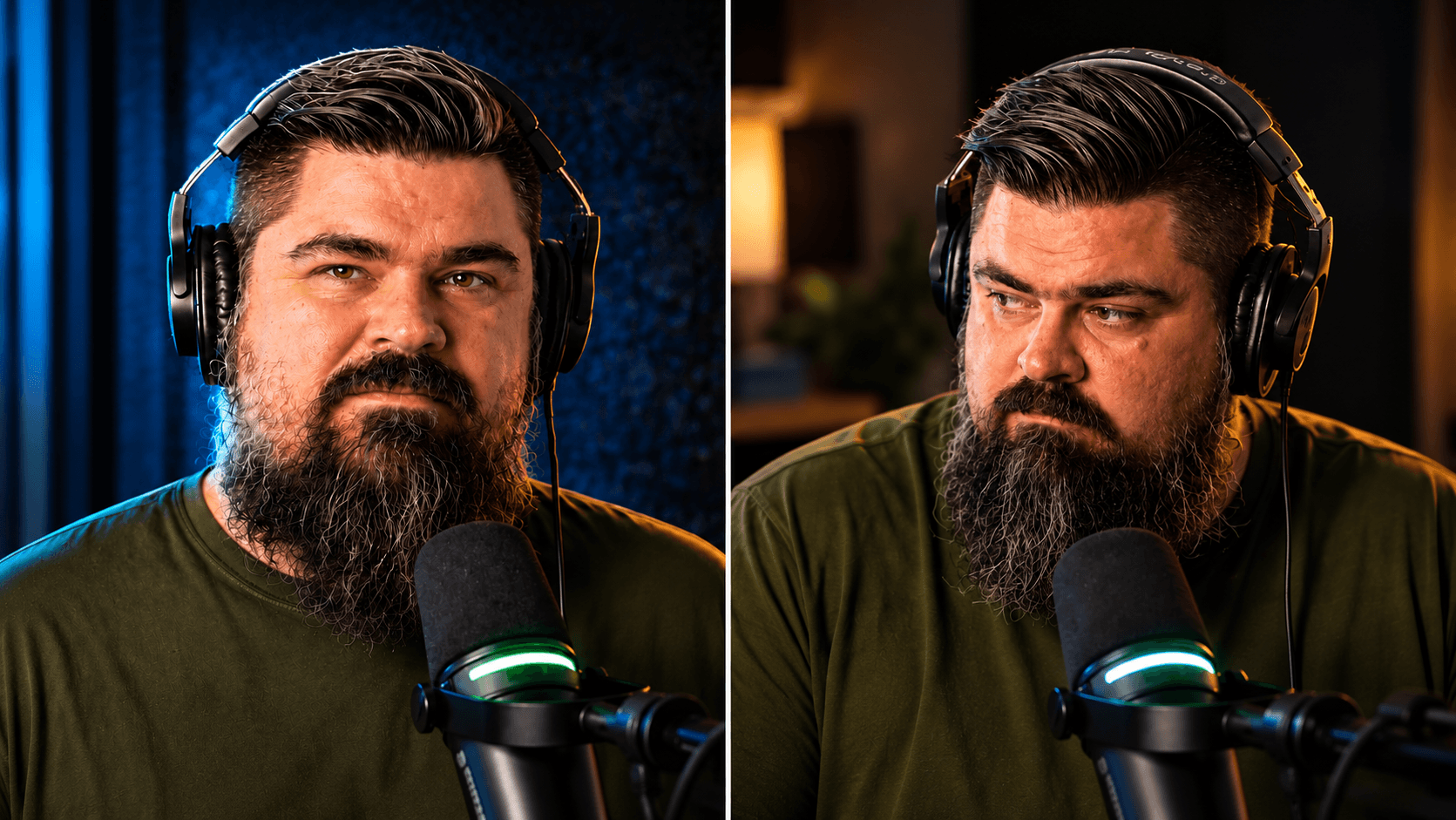 Two men with headphones and beards speaking into microphones, one in a blue-lit room, the other in a warm-lit room.