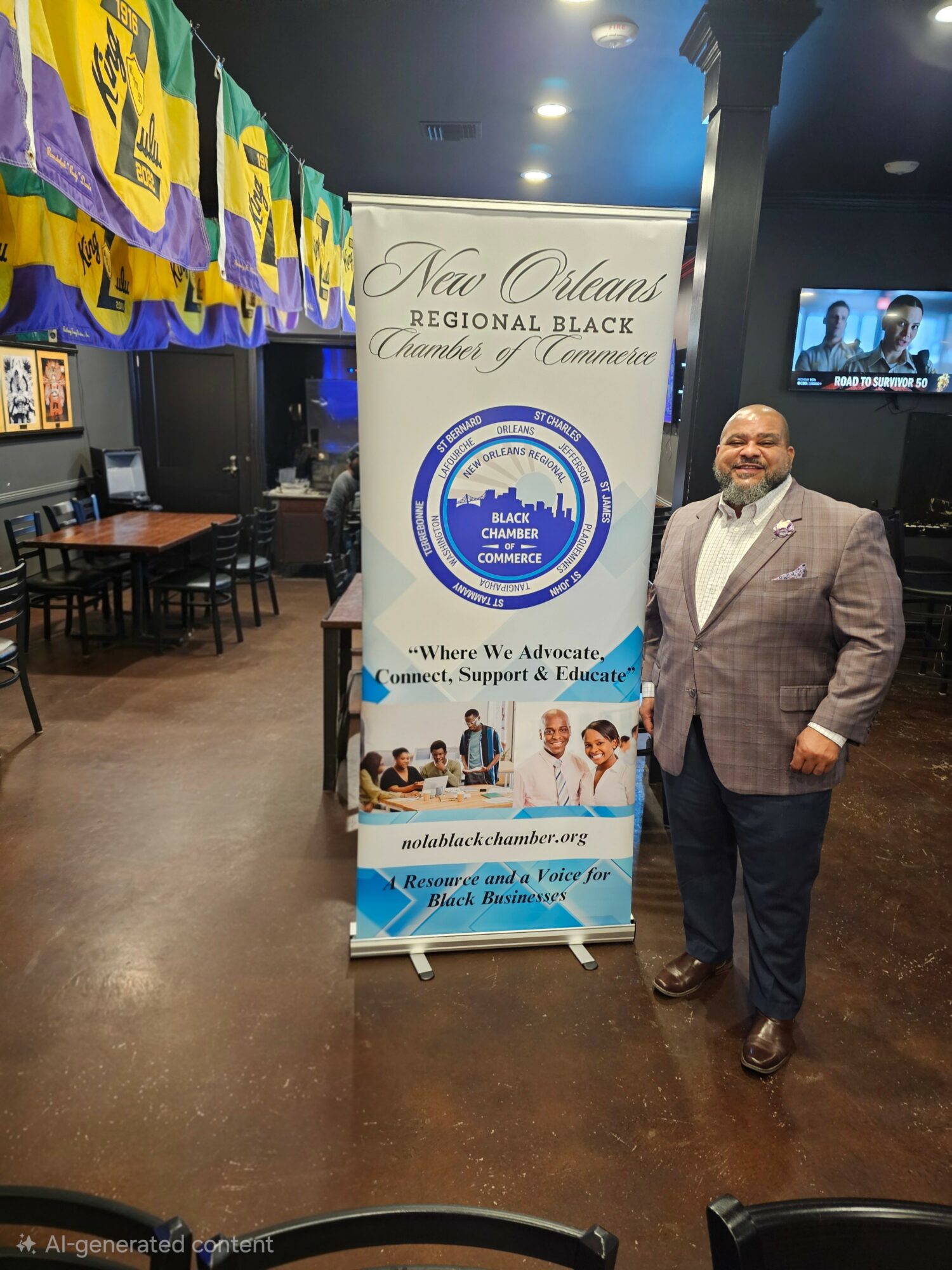 Man in suit standing next to a banner for New Orleans Regional Black Chamber of Commerce in a room with flags and tables.