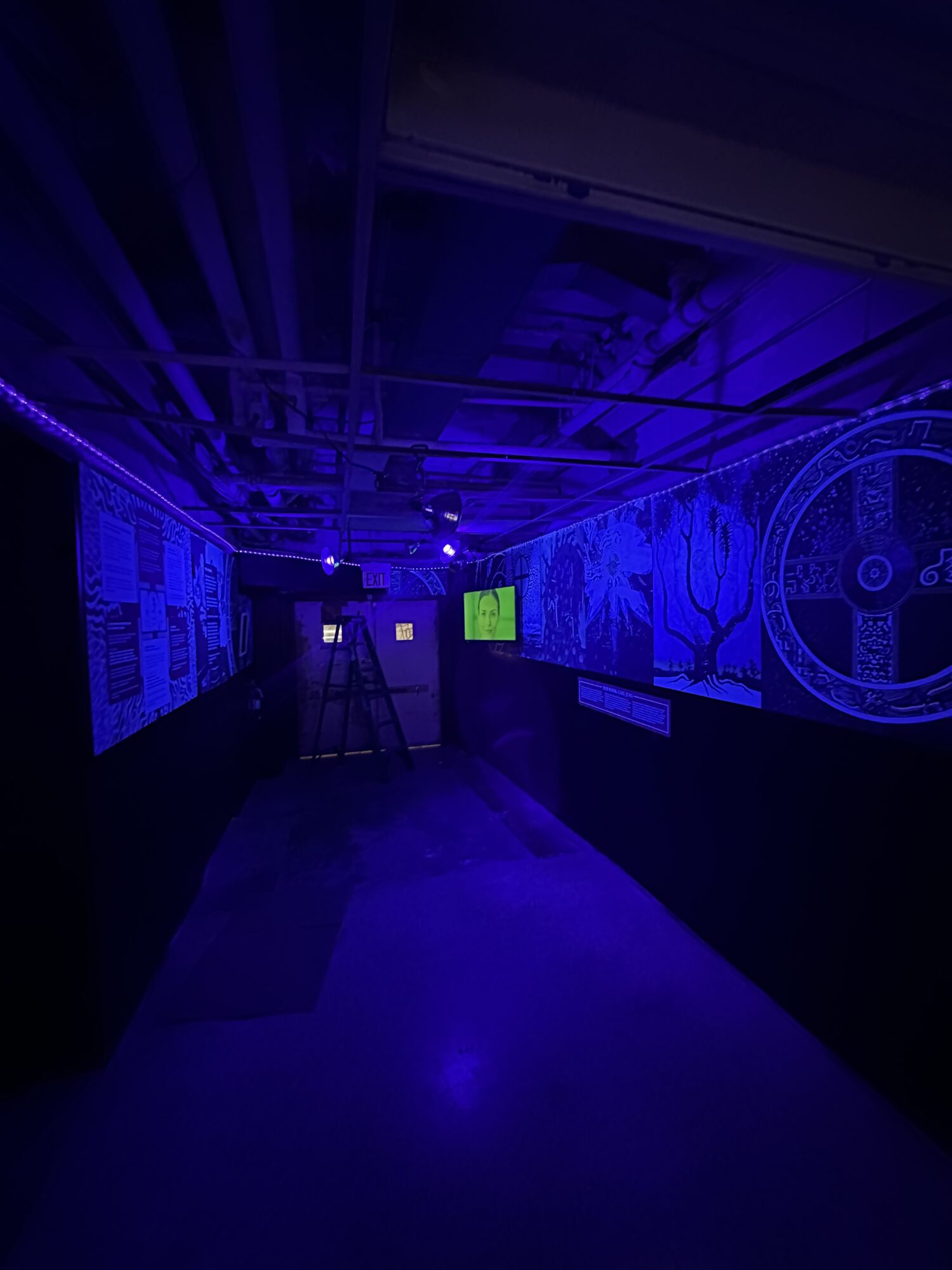 Hallway illuminated with blue light, with a glass railing on the left and a patterned carpet on the floor.