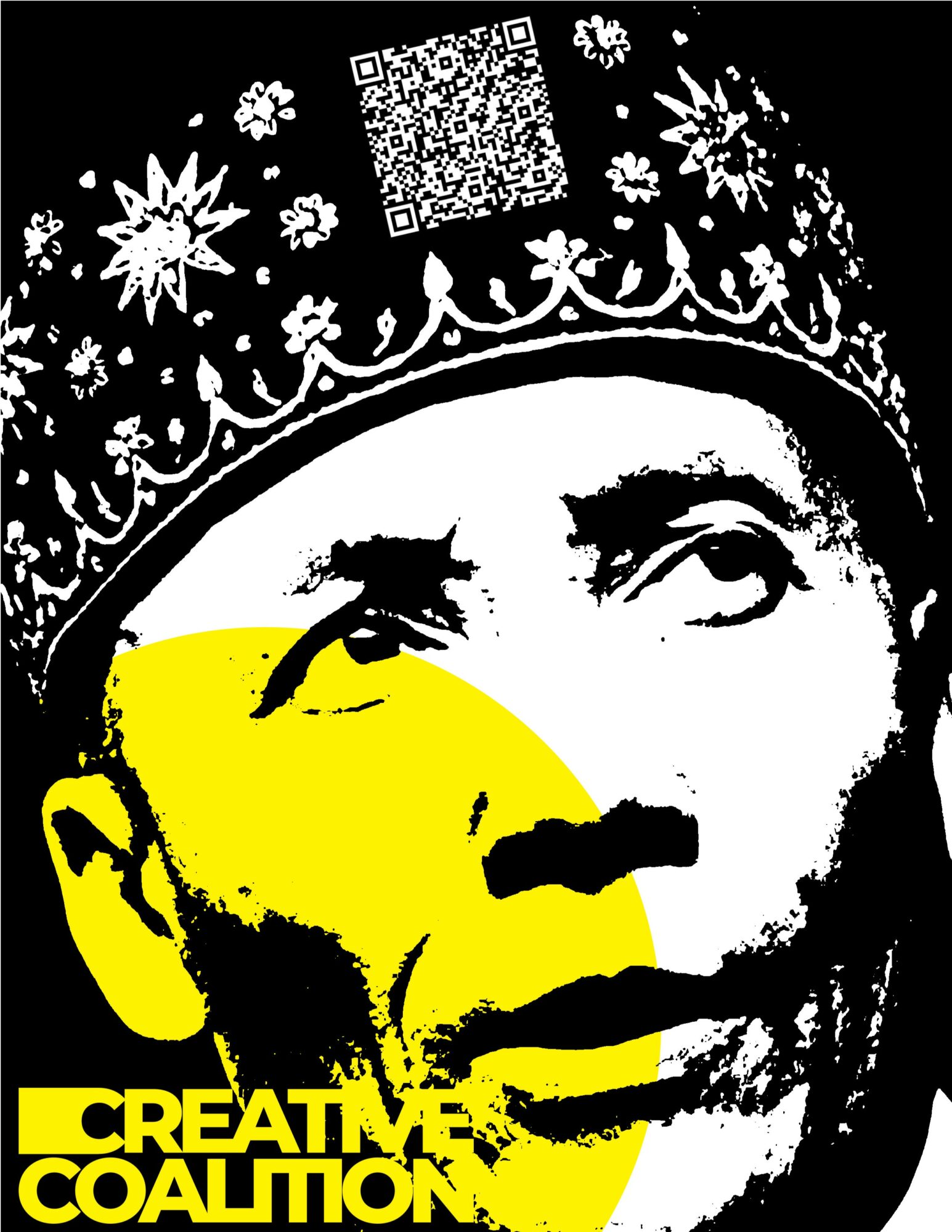 Black and white portrait of a person wearing a decorated crown, with yellow overlay and text reading 'Creative Coalition'.