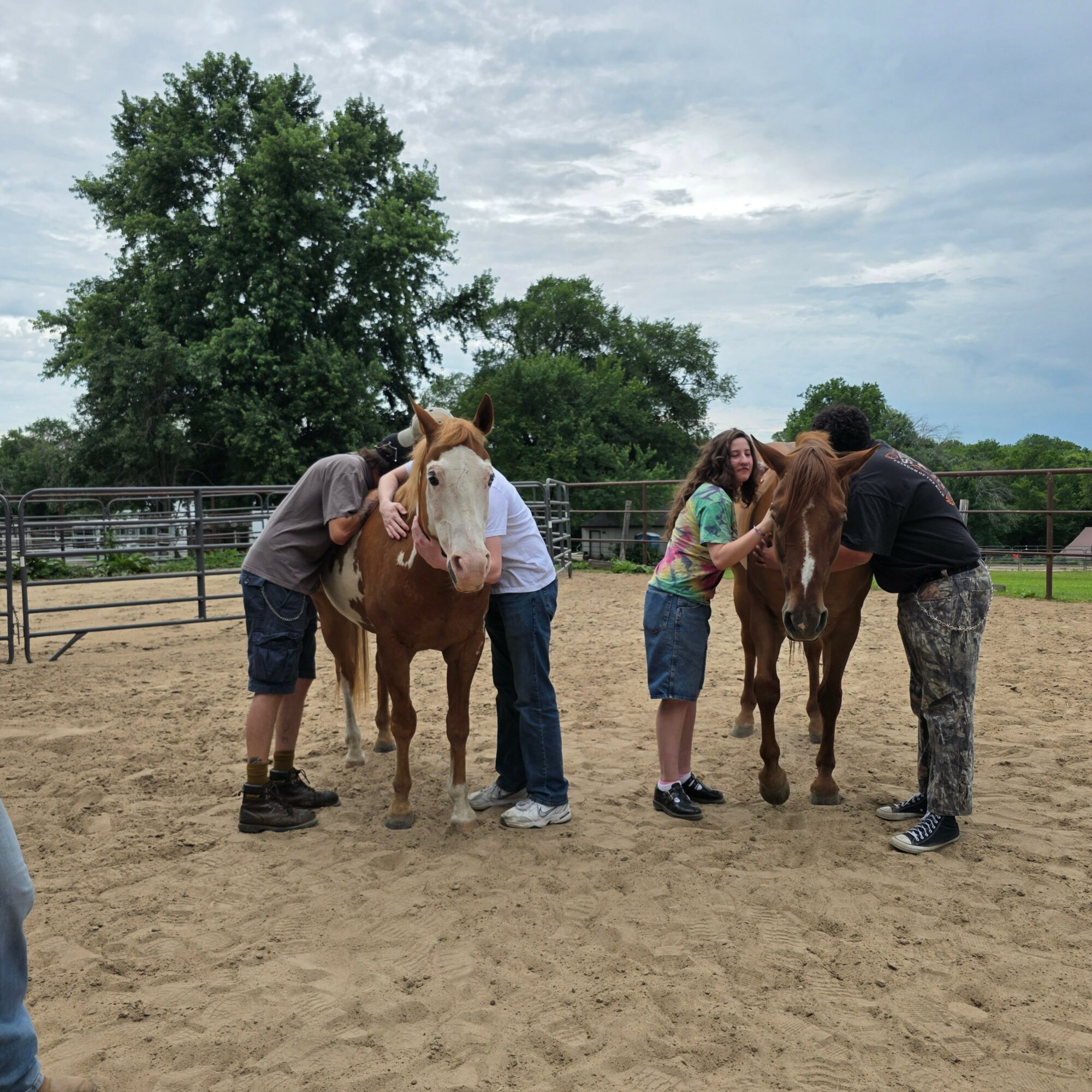 Four people interact with two horses in an outdoor riding arena, with trees and a cloudy sky in the background.