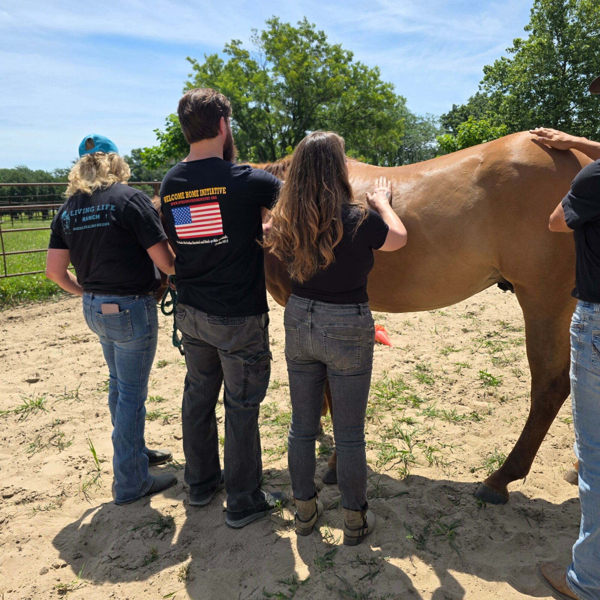 Four people stand outdoors near a horse, with trees and a fence in the background, on a sunny day.