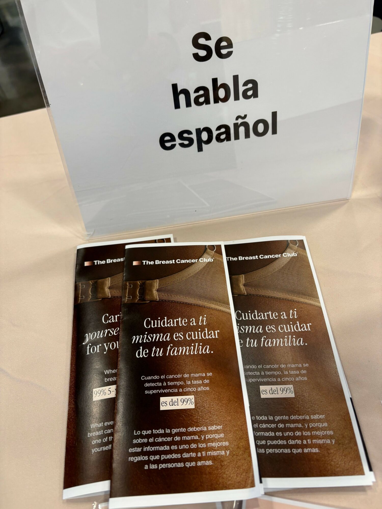 Open booklet with Spanish text on the left page and brown pages on the right.