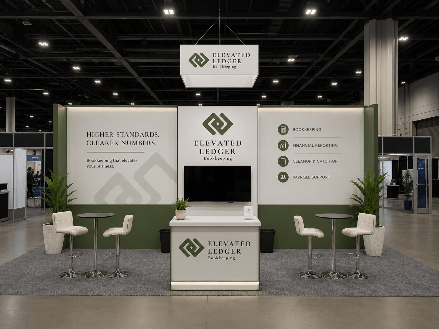 Exhibition booth with Elevated Ledger branding, two white chairs, green plants, and a central counter, in a large indoor space.