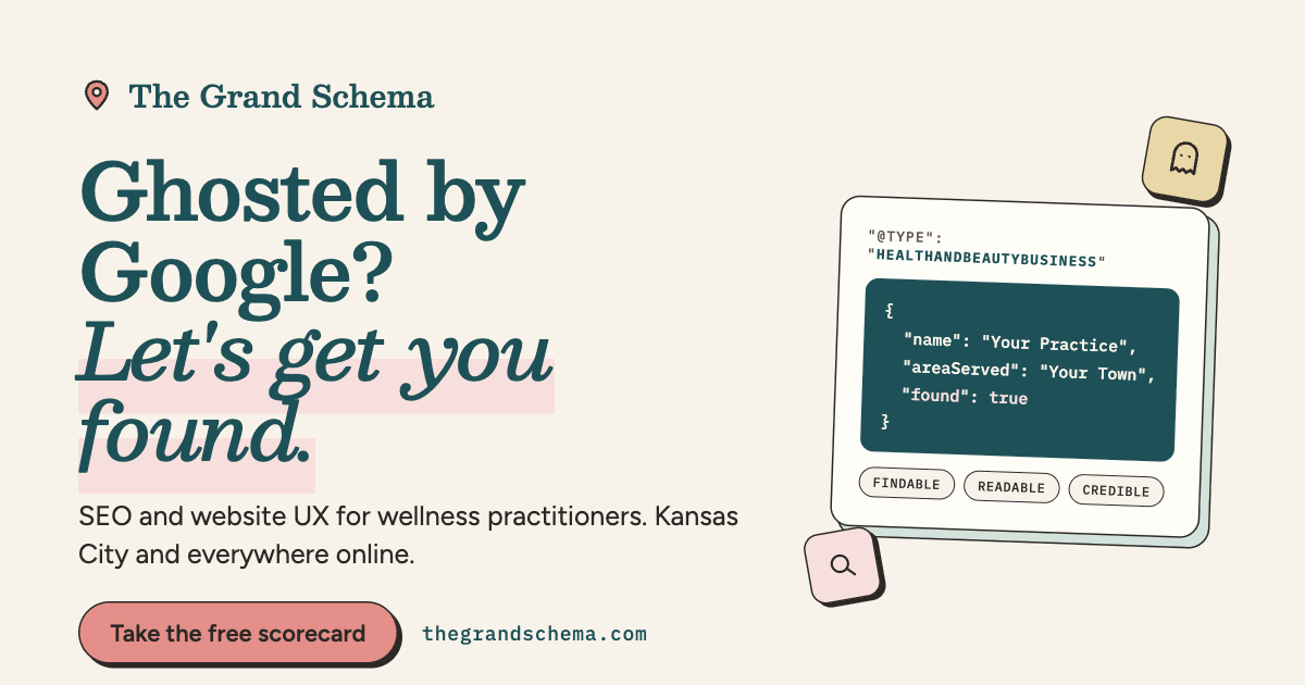 Text and a computer screen with code, promoting SEO and UX for wellness practitioners, Kansas City, online. Colorful icons around the screen.